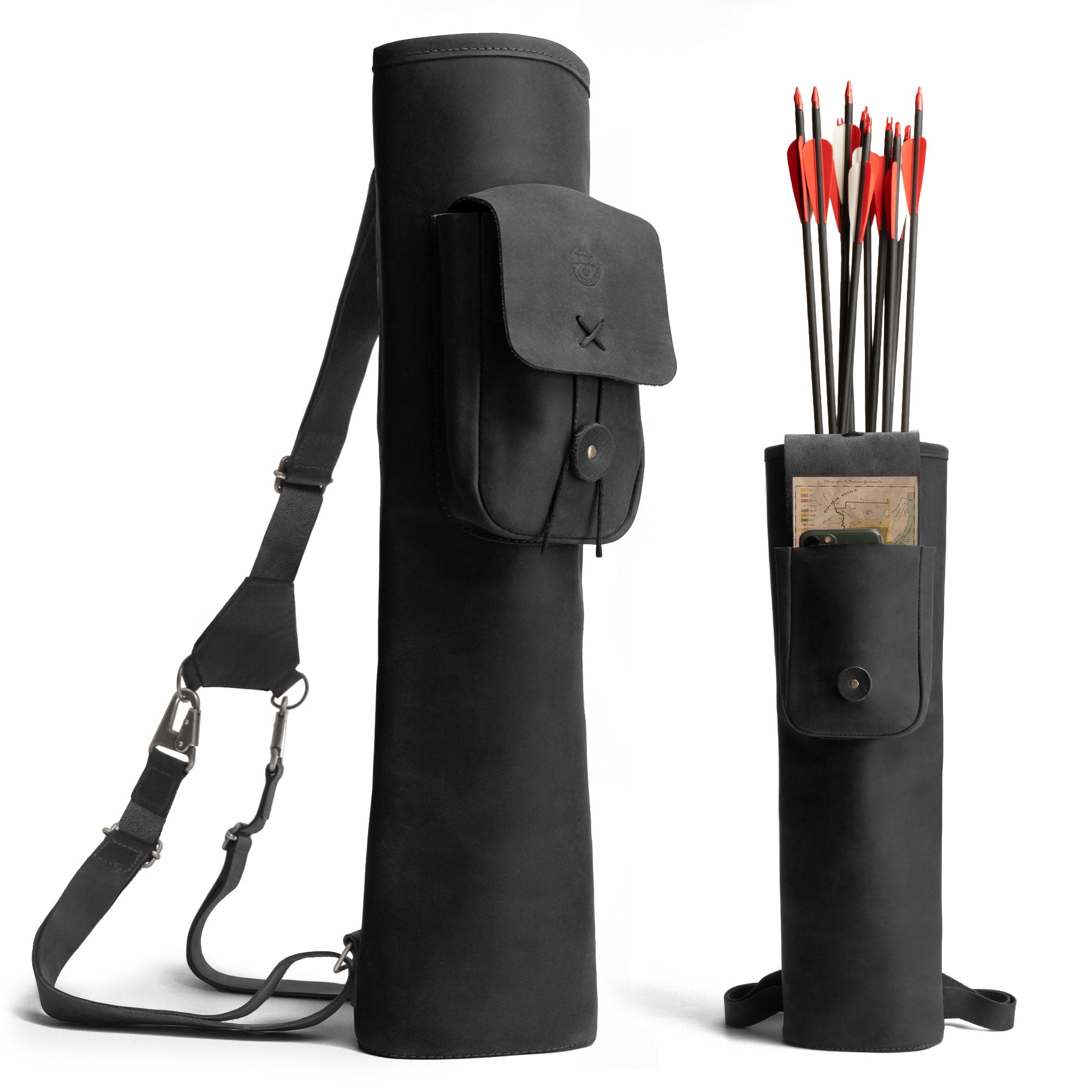 Premium Back Quiver in black by Valhalla Gear, featuring a Rectangular Back Quiver with Adjustable Straps. This Handmade Arrow Quiver Holder for Arrows is ideal for Archery Sports and Bow Hunting aficionados. Made from premium Full Grain Leather, it highlights the commitment to Small Batch Production, Hand Cut, and Hand Sewn quality.