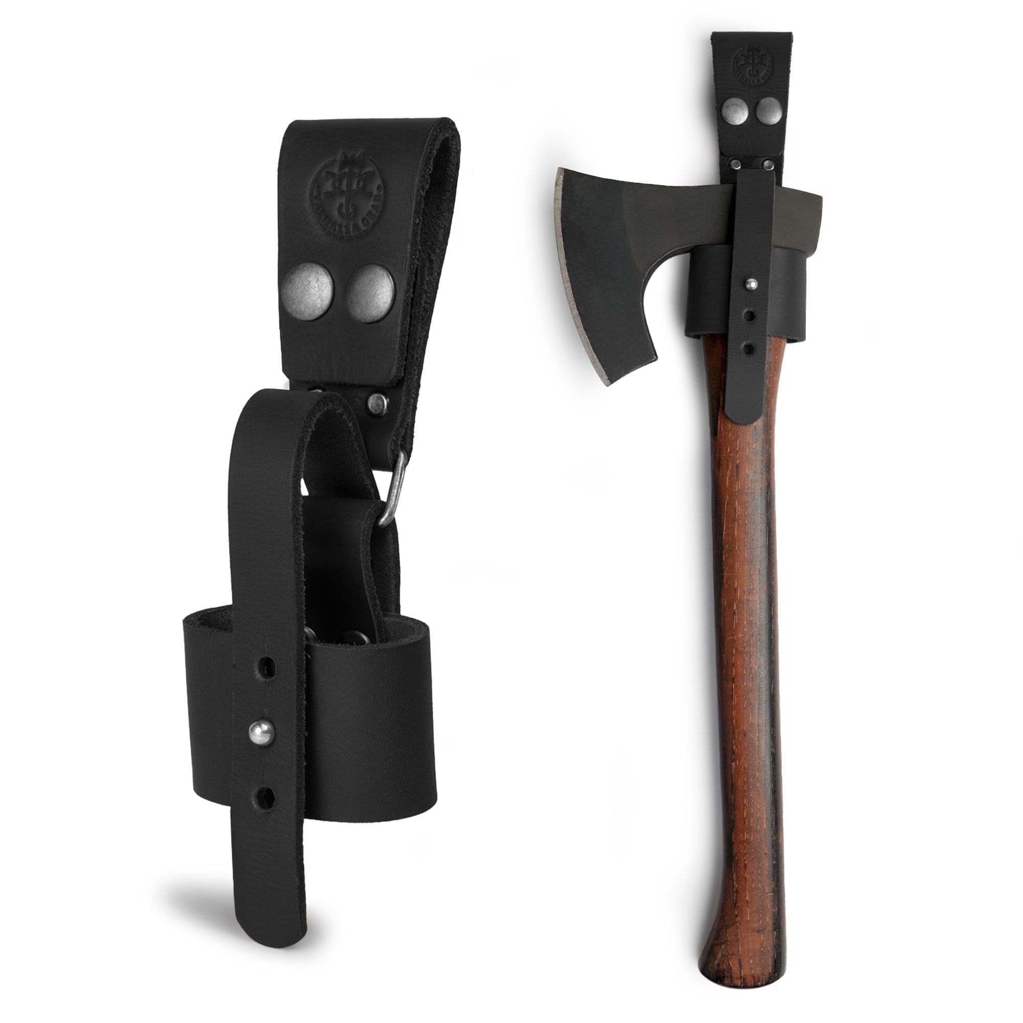Valhalla Gear Axe Holder with Belt Loop in a sleek black leather finish, exemplifying rustic style while serving as an efficient waist holder for axes and hip holster for tools. Crafted with care in La Antigua Guatemala, this full grain leather piece showcases fine artisanship.