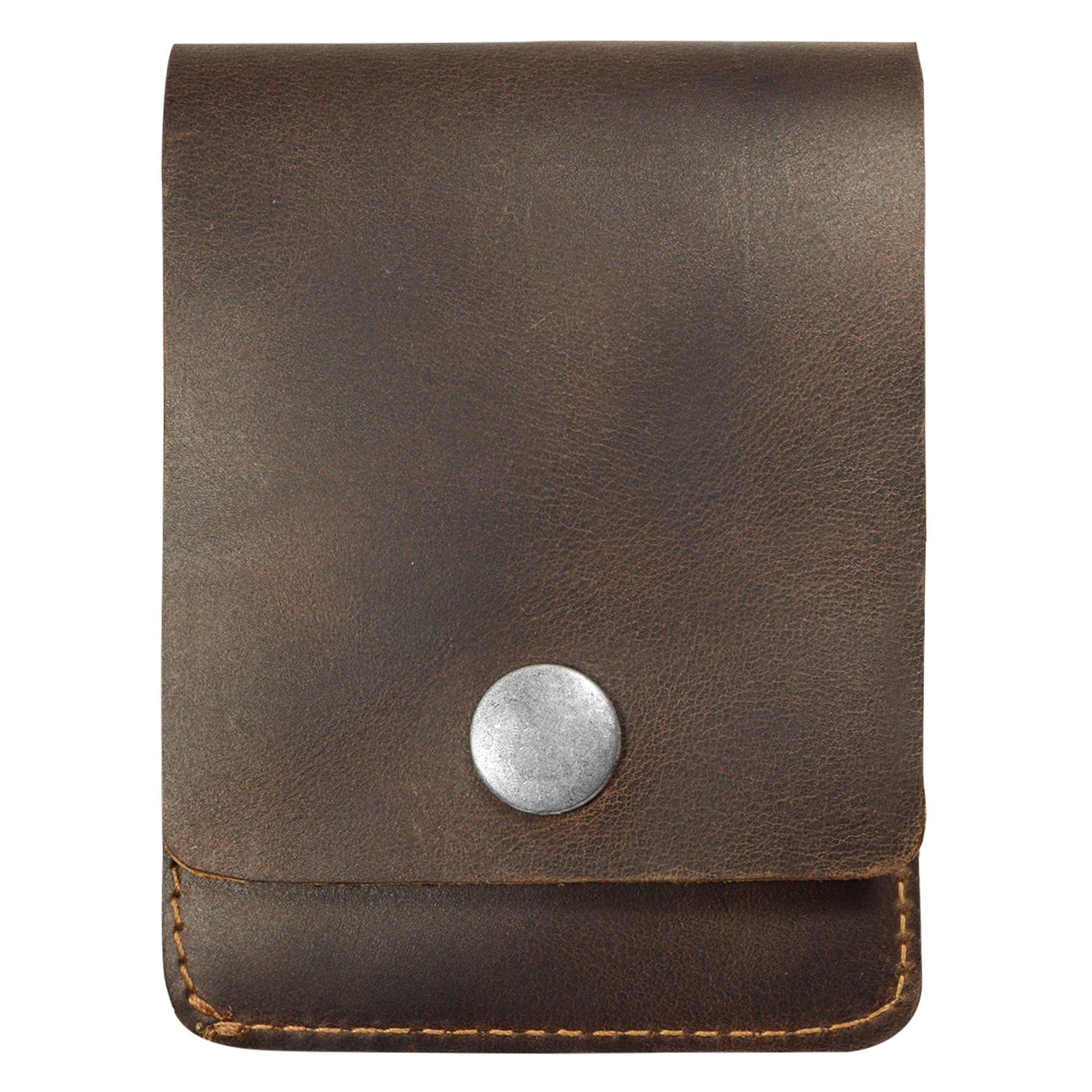 Front view of the Vertical Wallet by Hide & Drink, showcasing a snap closure in full grain leather. This Vertical Front Pocket Wallet with Card Slot offers compact storage for bills, serving as a card holder crafted in artisan style through small batch production, featuring hand cut and hand sewn details with fire branded accents. Handmade in La Antigua Guatemala & Oaxaca Mexico.