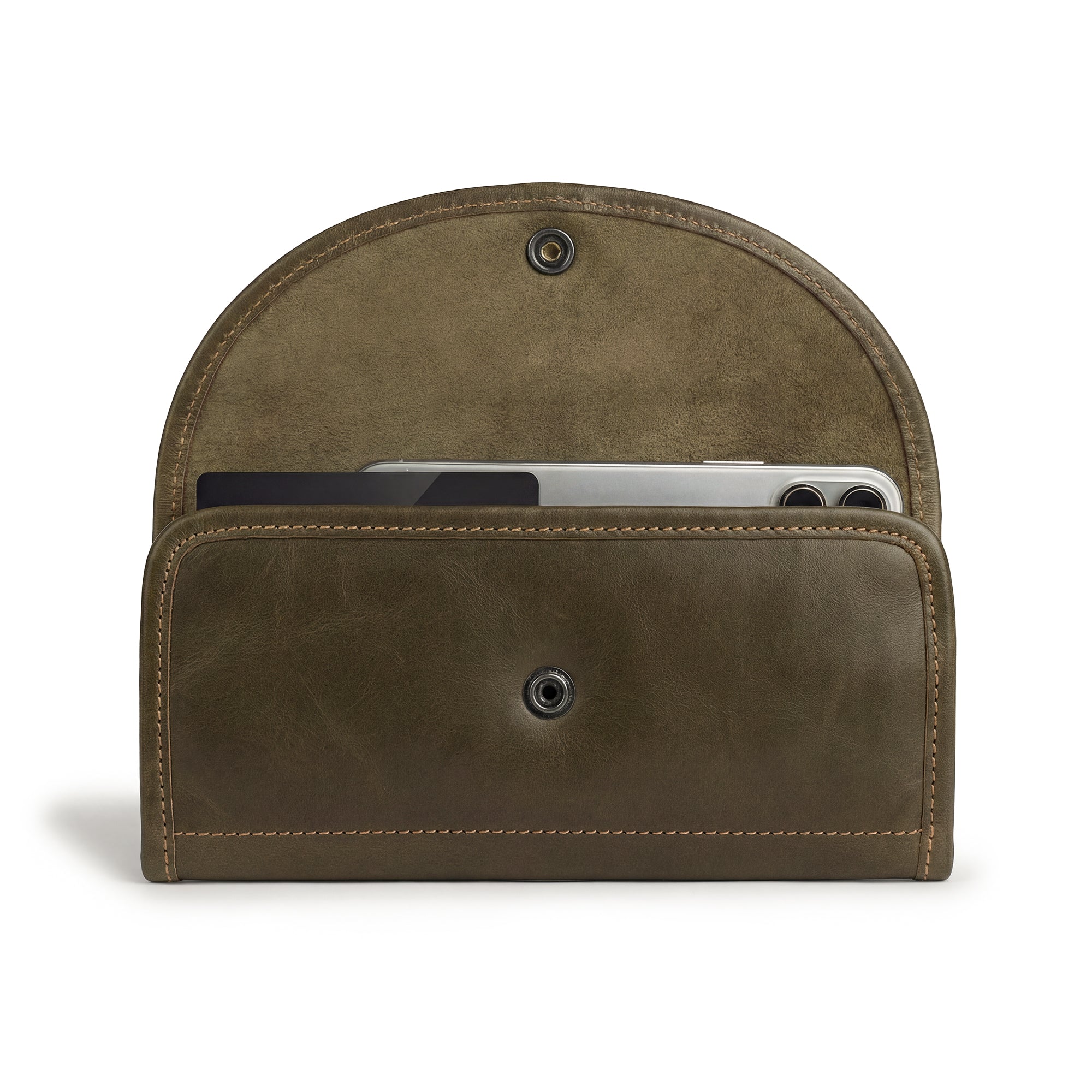 Front view of the olive green variant of the Single Snap Zippered Wallet by Hide & Drink, highlighting its rich texture. This Snap Clutch Wallet for Women is a practical money holder and card organizer with a zippered pouch, made from full grain leather and crafted in small batches in La Antigua Guatemala.