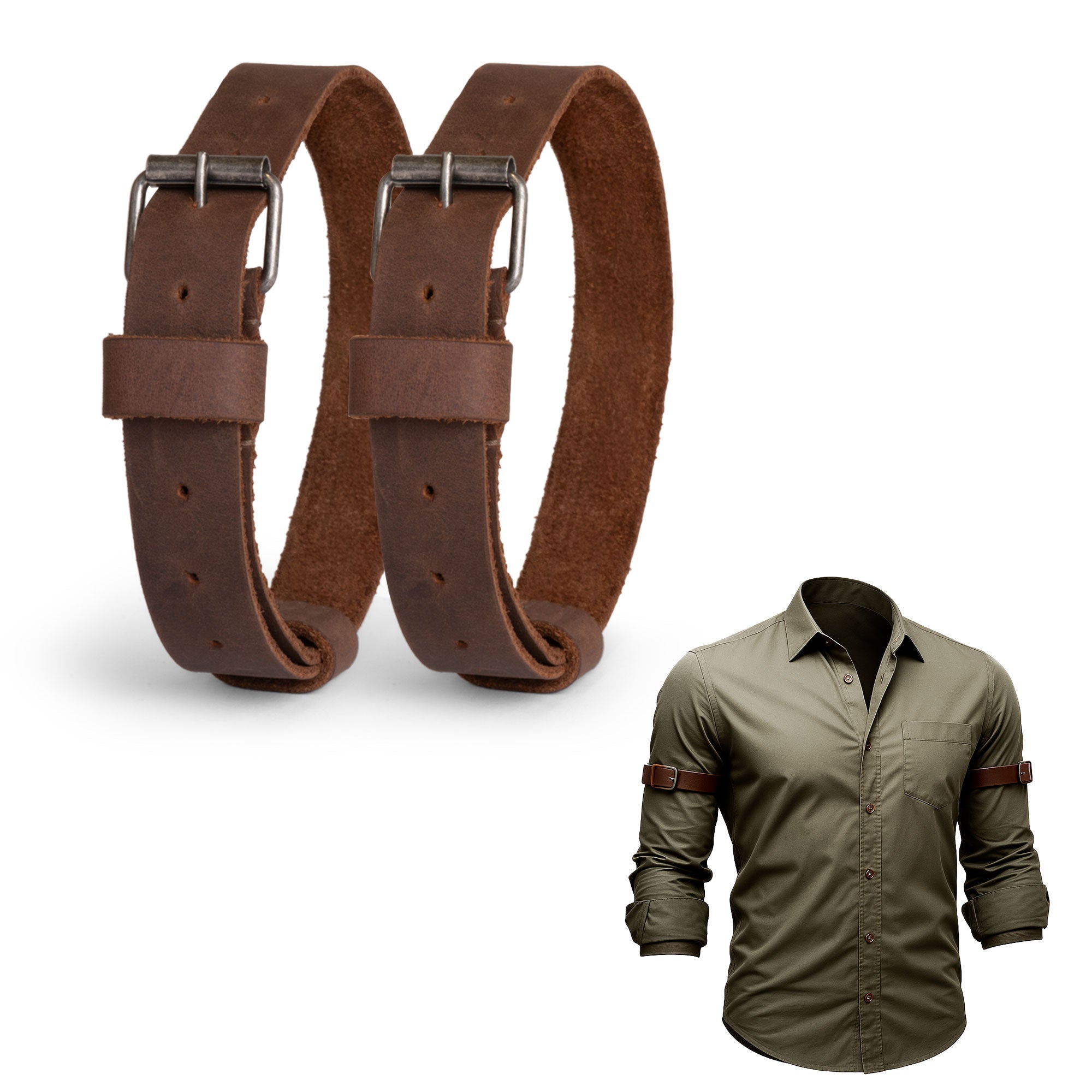 Showcasing the Sleeve Garter (2 Pack) from Hide & Groom, this image features a stylish set of 2 sleeve garters for men made from full grain leather. The adjustable straps ensure a perfect fit for arm shirts, with anti-slip armbands designed for durability. These handmade accessories reflect small batch production techniques, including hand-cut and hand-sewn craftsmanship, fire branded for authenticity, all made by artisans in La Antigua, Guatemala, and Oaxaca, Mexico.