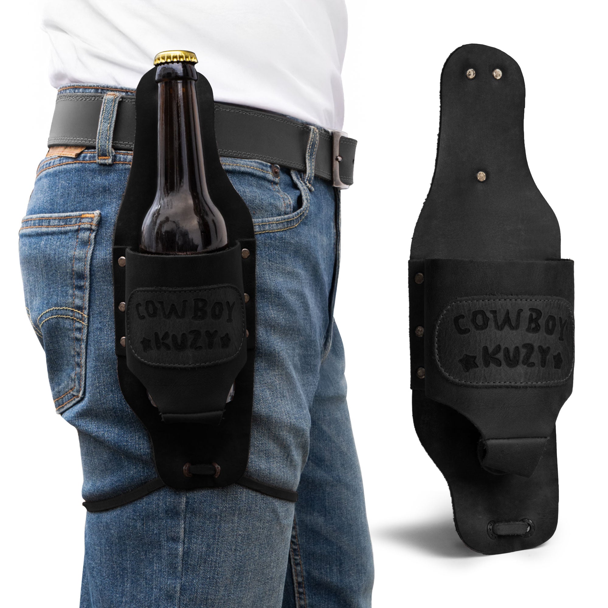 Hide & Drink Beer Holster Cowboy Buzy, a quality Beer Holster for Cowboy that provides a hands-free experience when enjoying beverages. This Western Bottle Leg Grip is crafted from high-quality full grain leather, emphasizing the small batch production unique to La Antigua Guatemala.