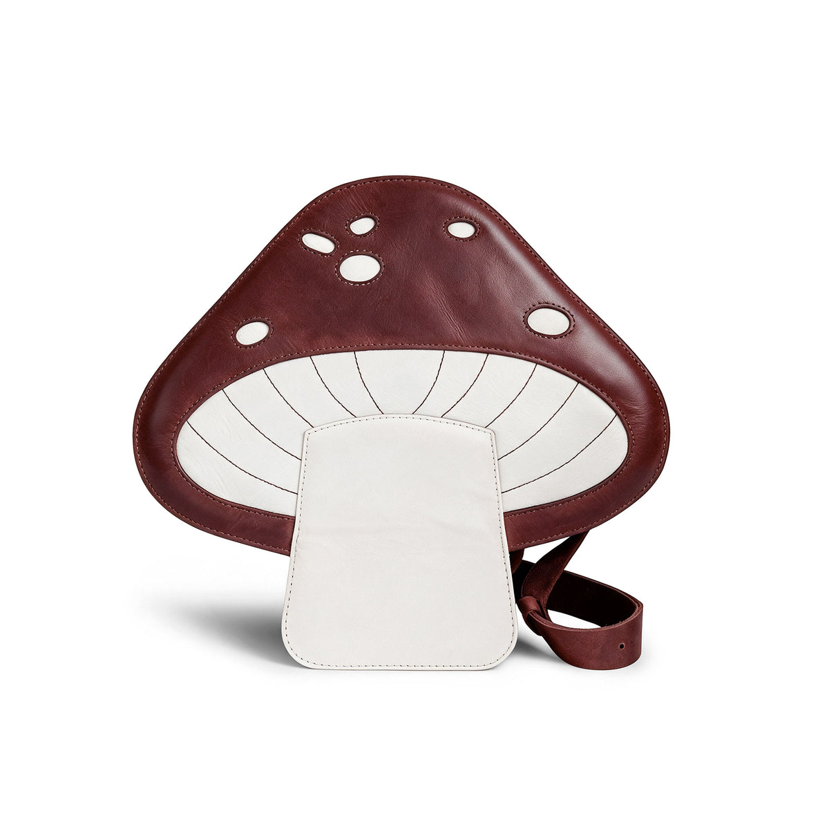 Mushroom-Shaped Leather Shoulder Bag by Tudi Frudi, featuring a whimsical design with an adjustable strap. This versatile crossbody bag is perfect for travel or as a messenger bag, crafted from Full Grain Leather, showcasing stockyardX's small batch production. Hand cut and sewn for quality, this artisan bag is handmade in La Antigua Guatemala.