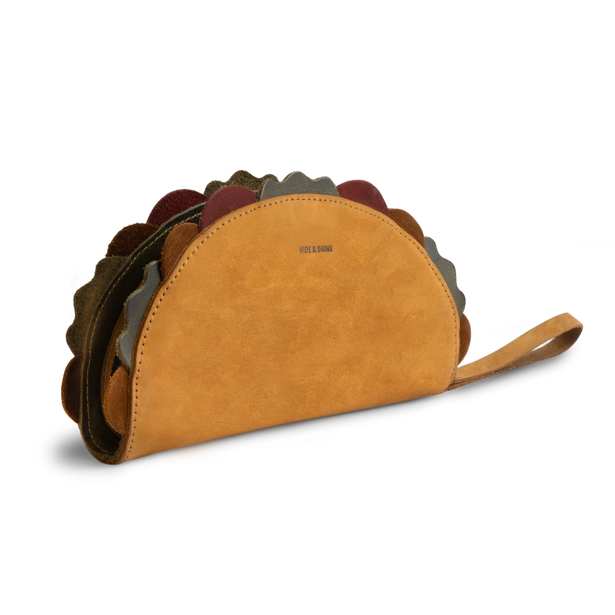 Multipurpose Taco Wallet by Hide & Drink, featuring a unique taco design made from Full Grain Leather, perfect for your Accessories Collection. Ideal for travel and back-to-school needs, this fun creation is a great addition to any gifts collection, especially for graduation or gifts for him. Crafted with durable materials, this stylish wallet is a must-have in the wallets and women's collection.