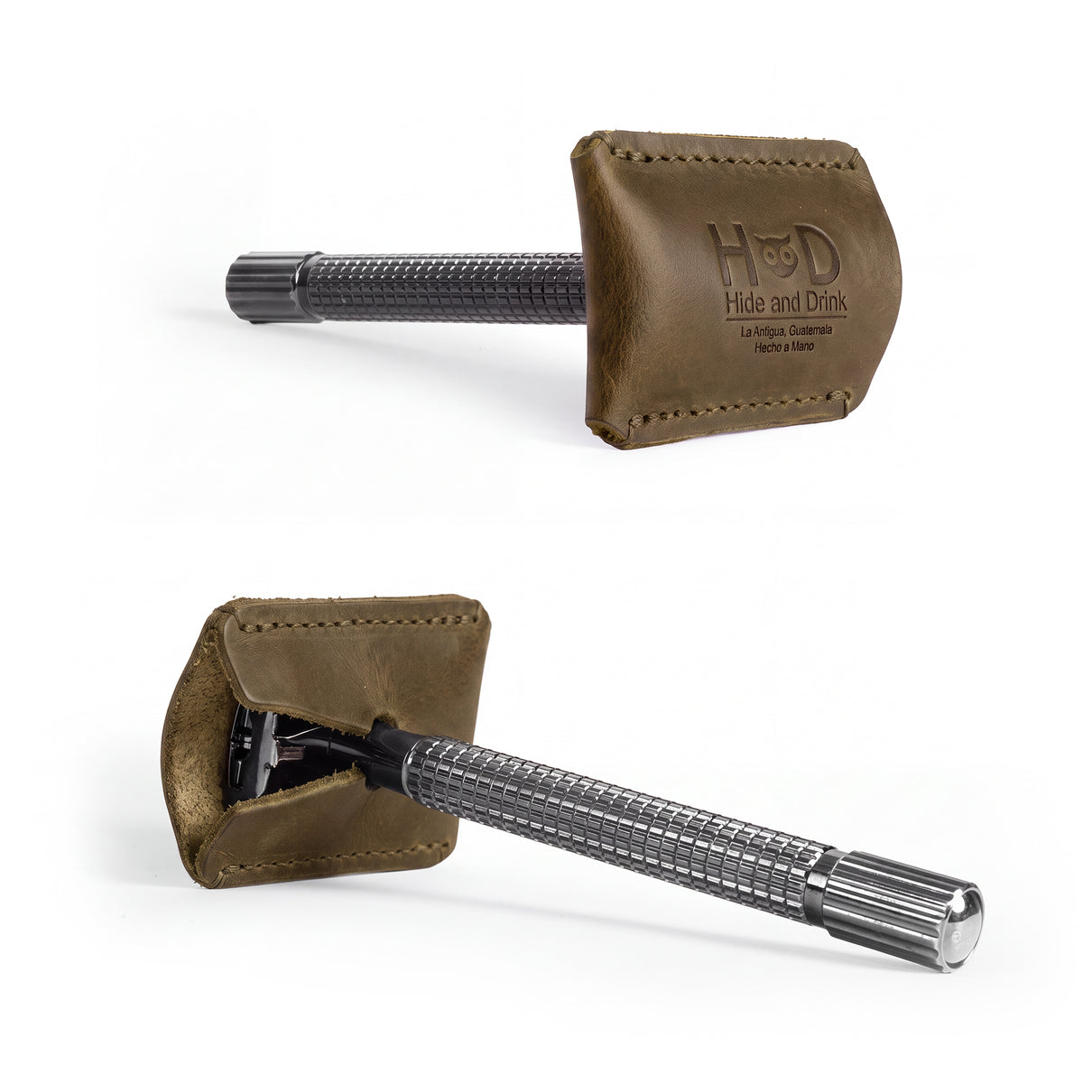 Razor Head Cover by Hide & Drink showcasing a durable, handmade full grain leather sheath designed for double edge safety razors, perfect for shaving travel cover and crafted with small batch production techniques in La Antigua Guatemala & Oaxaca Mexico.