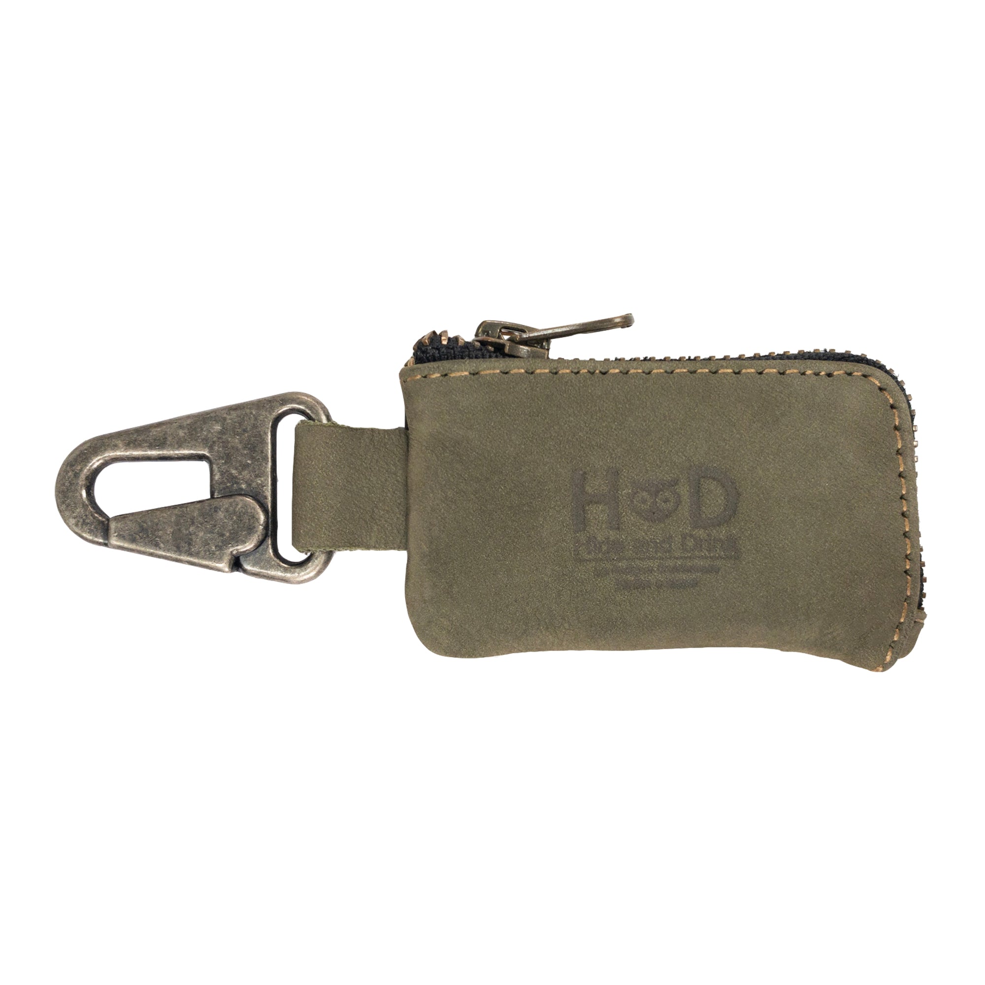 A sleek green Car Key Holder by Hide & Drink showcasing its utility to securely hold cash and keys. This product also serves as a compact case for Headphone and charging Cables, Memory Cards, and Flash Drives, crafted from durable Full Grain Leather with a Nickel Metal Clasp, exemplifying Artisan quality from Small Batch Production in La Antigua Guatemala & Oaxaca Mexico.