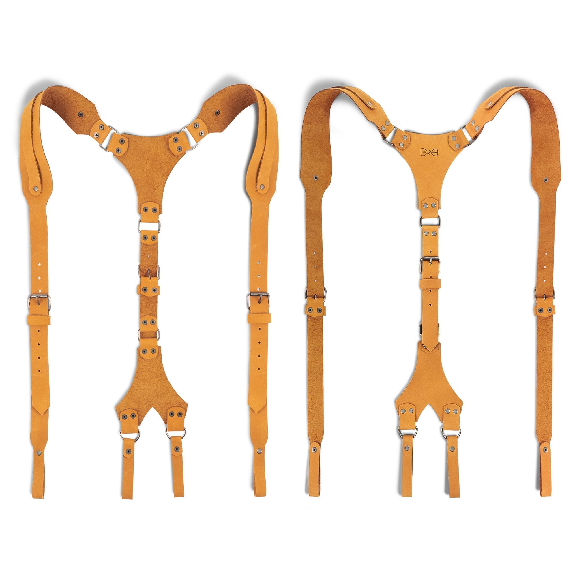 Armageddon Suspenders in tan from Hide & Groom, featuring adjustable size straps and riveted design made of full grain leather. This artisan product showcases craftsmanship through small batch production in La Antigua Guatemala & Oaxaca Mexico.