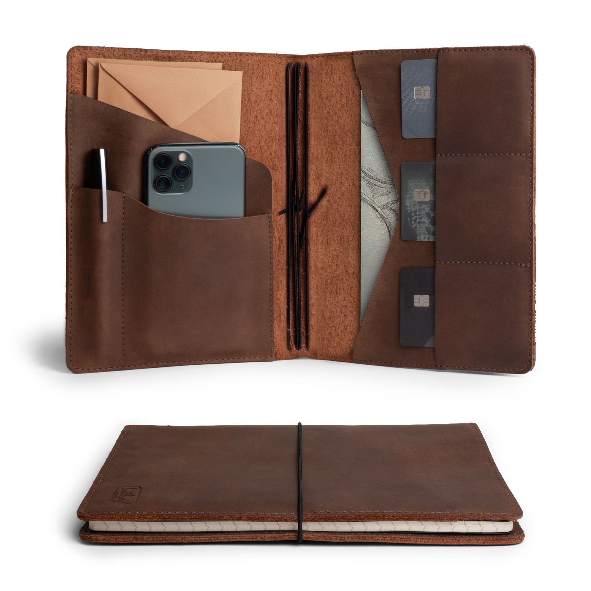Refillable Cover for A5 Notebooks (5.75 x 8.25 in.) by Leather Worx, showcasing the Classic Cover with cellphone, pen, and card slots: crafted from full grain leather, exemplifying small batch production, hand cut, hand sewn, fire branded artistry, handmade in La Antigua Guatemala & Oaxaca Mexico.