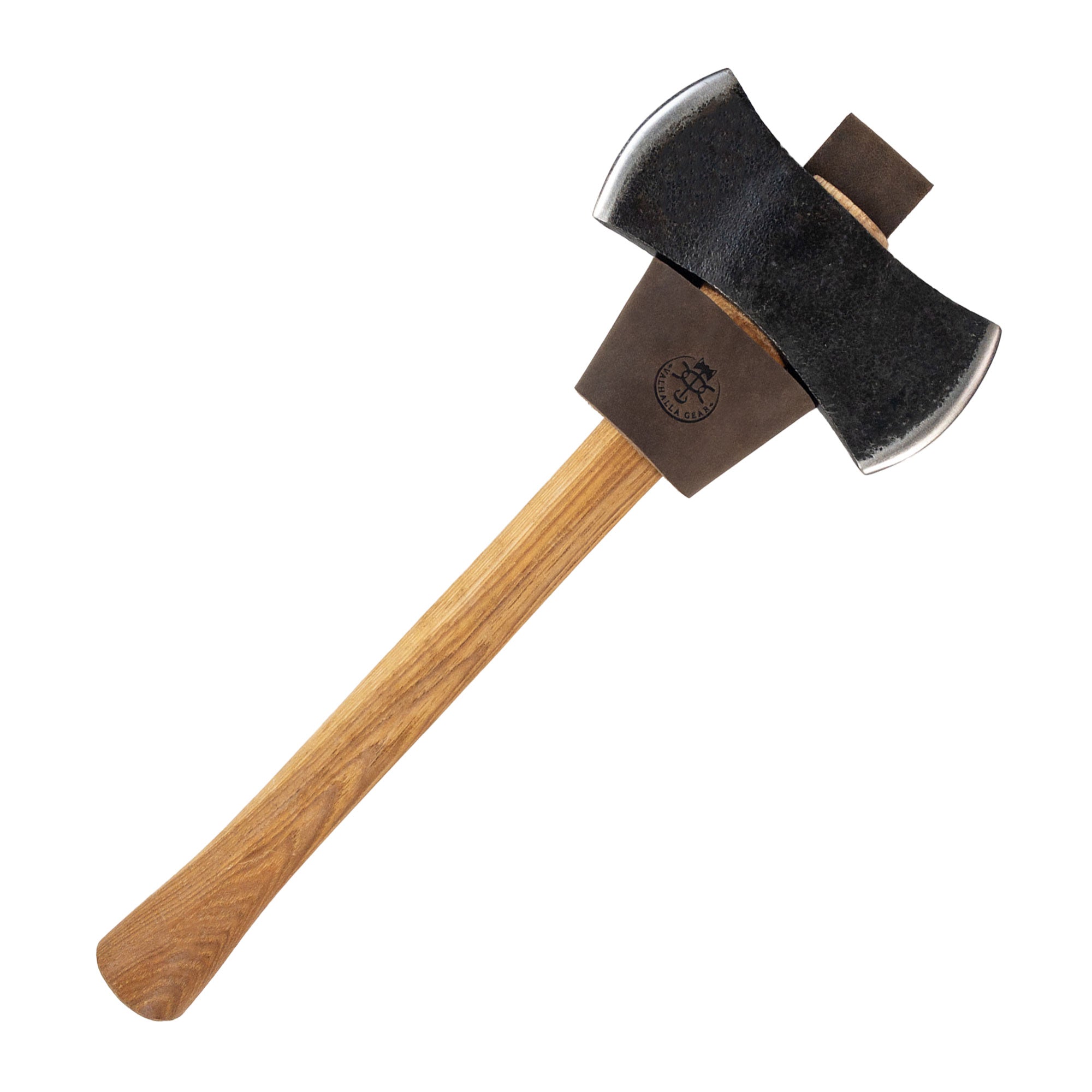Valhalla Gear's Single Axe Holster showcases a sturdy axe protected by a durable, full grain leather sheath, specifically designed as an accessory for tools. Ideal for home improvement, this artisan-crafted axe holster features a double belt loop for convenient and safe carrying, hand cut and hand sewn in La Antigua Guatemala & Oaxaca Mexico, ensuring high quality in small batch production.