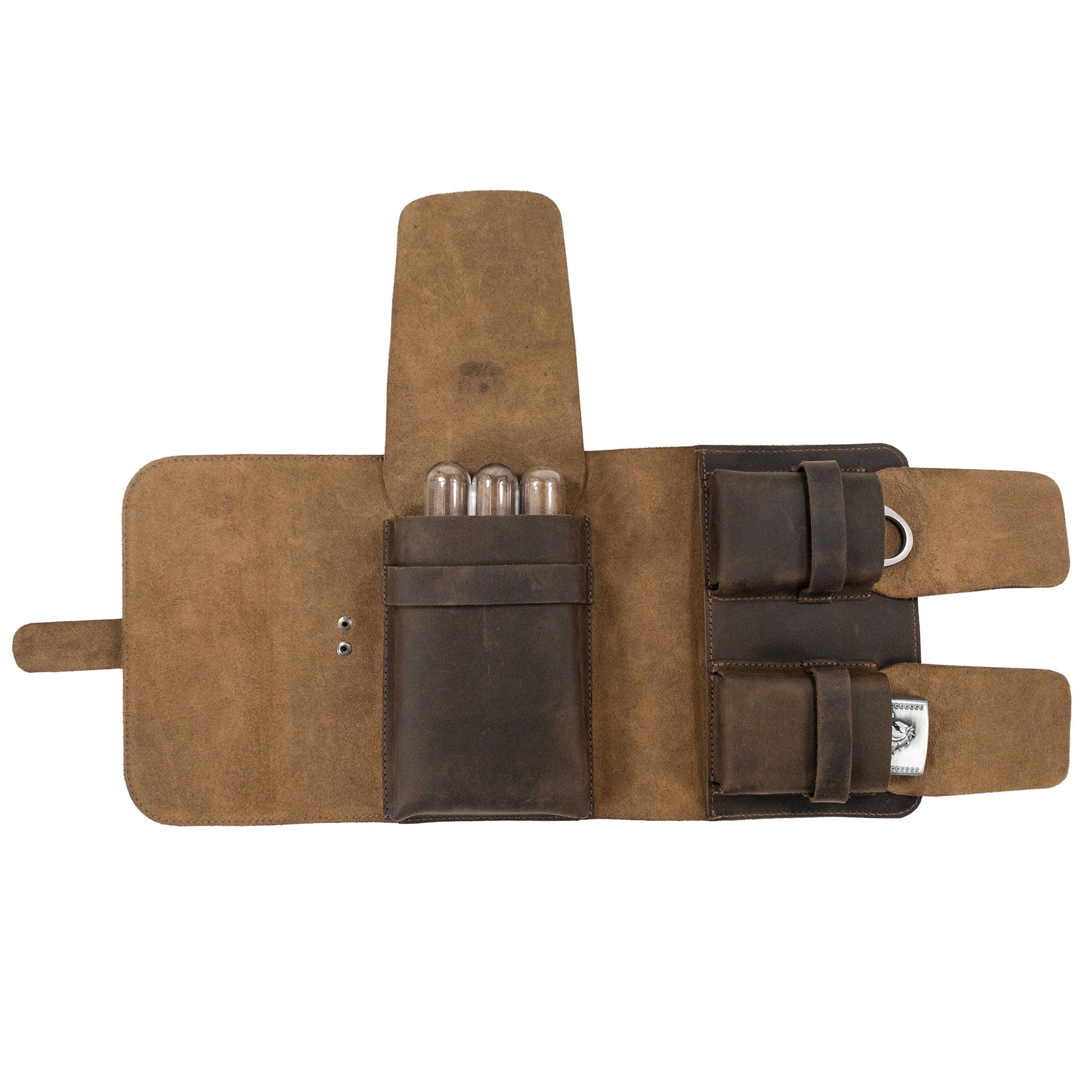 Inside view of the Triple Cigar Case by Hide & Drink, featuring dedicated slots for storing cigars and a pocket for accessories. Made with full grain leather, this handmade piece showcases the beauty of artisan craftsmanship from La Antigua Guatemala.