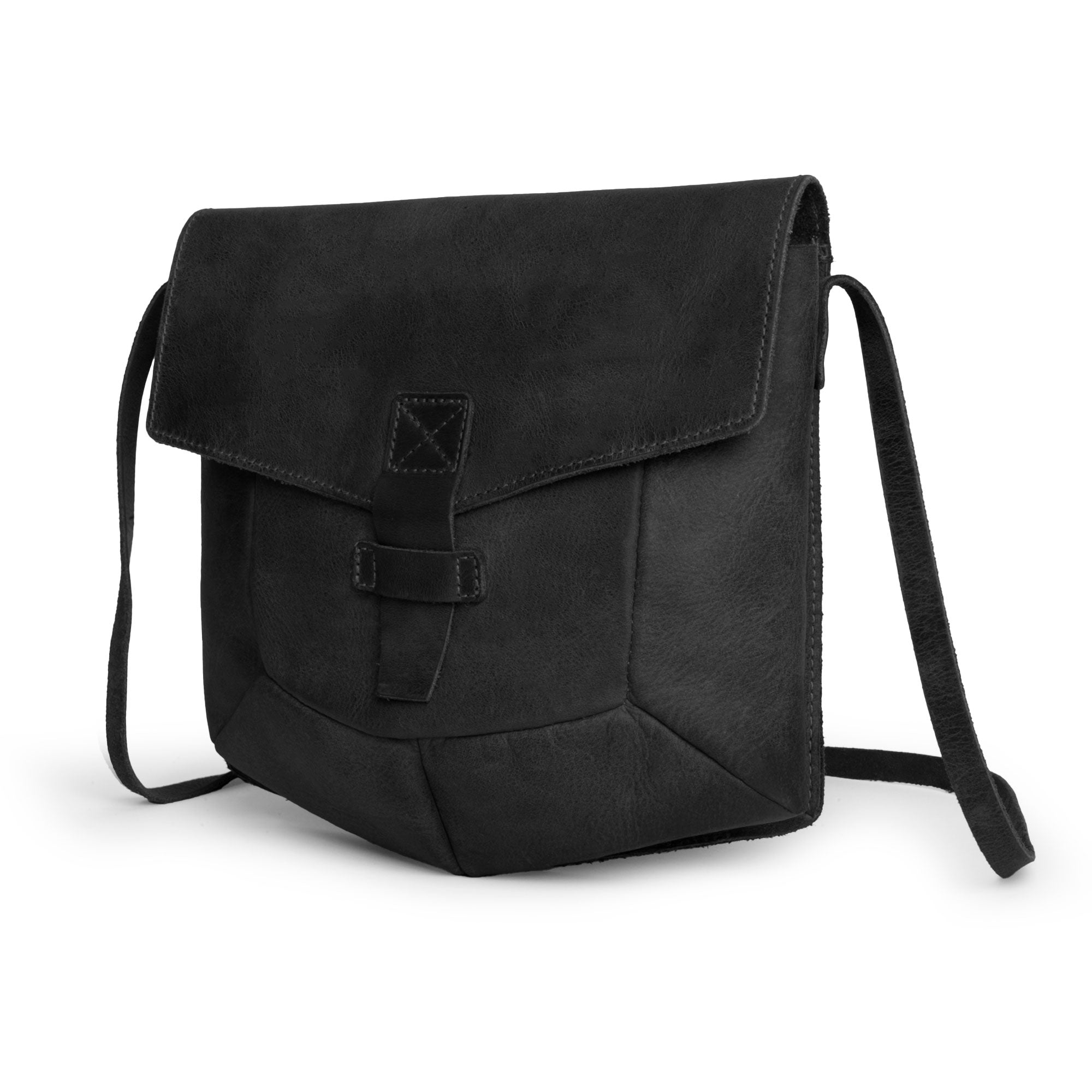 Back view of the black Prisma Shoulder Bag by Hide & Drink, illustrating its clean lines and craftsmanship. This vintage purse serves as a messenger and crossbody bag, made from durable full grain leather that is artisan crafted through hand cut and hand sewn methods in La Antigua Guatemala & Oaxaca Mexico.