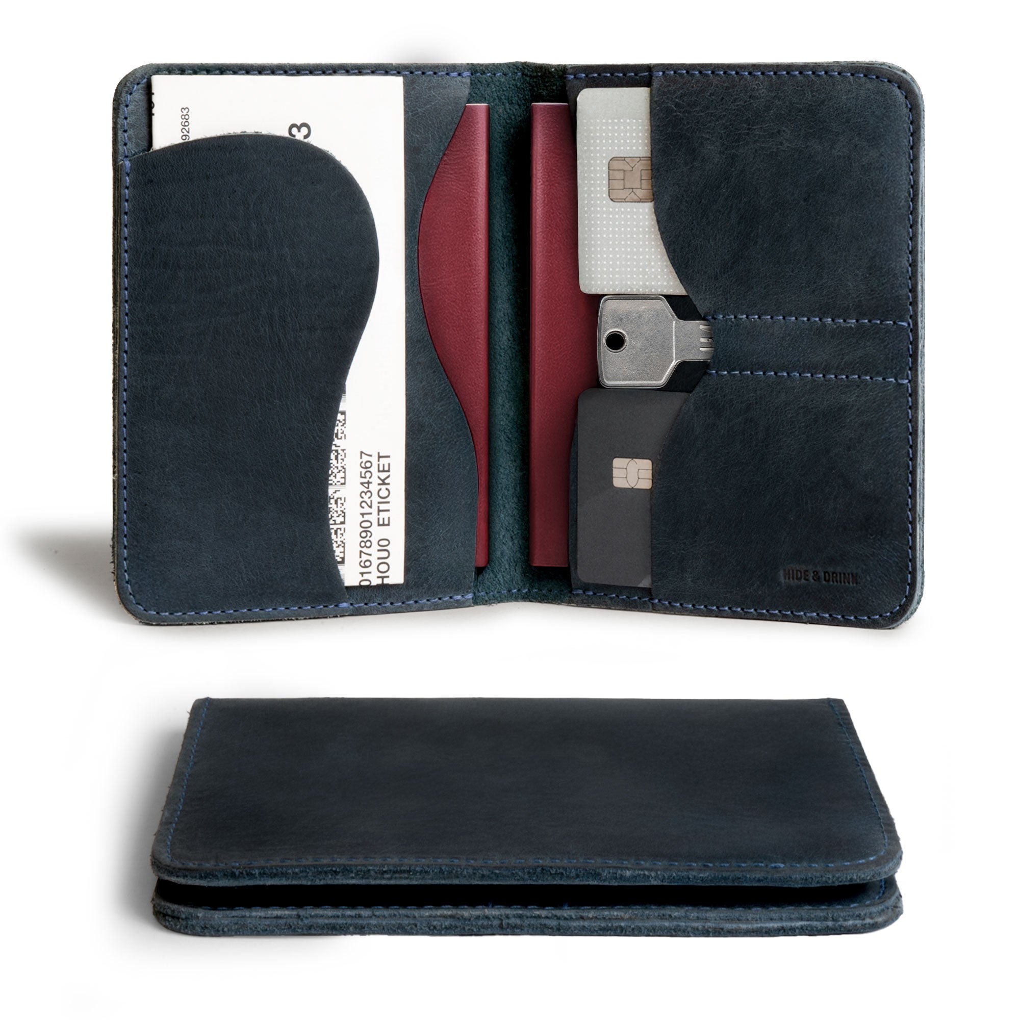 Navy edition of Hide & Drink's Double Passport Wallet W/Key Slot, featuring rustic full grain leather and multiple slots for IDs and bills, perfect for stylish travel organization crafted by artisans.