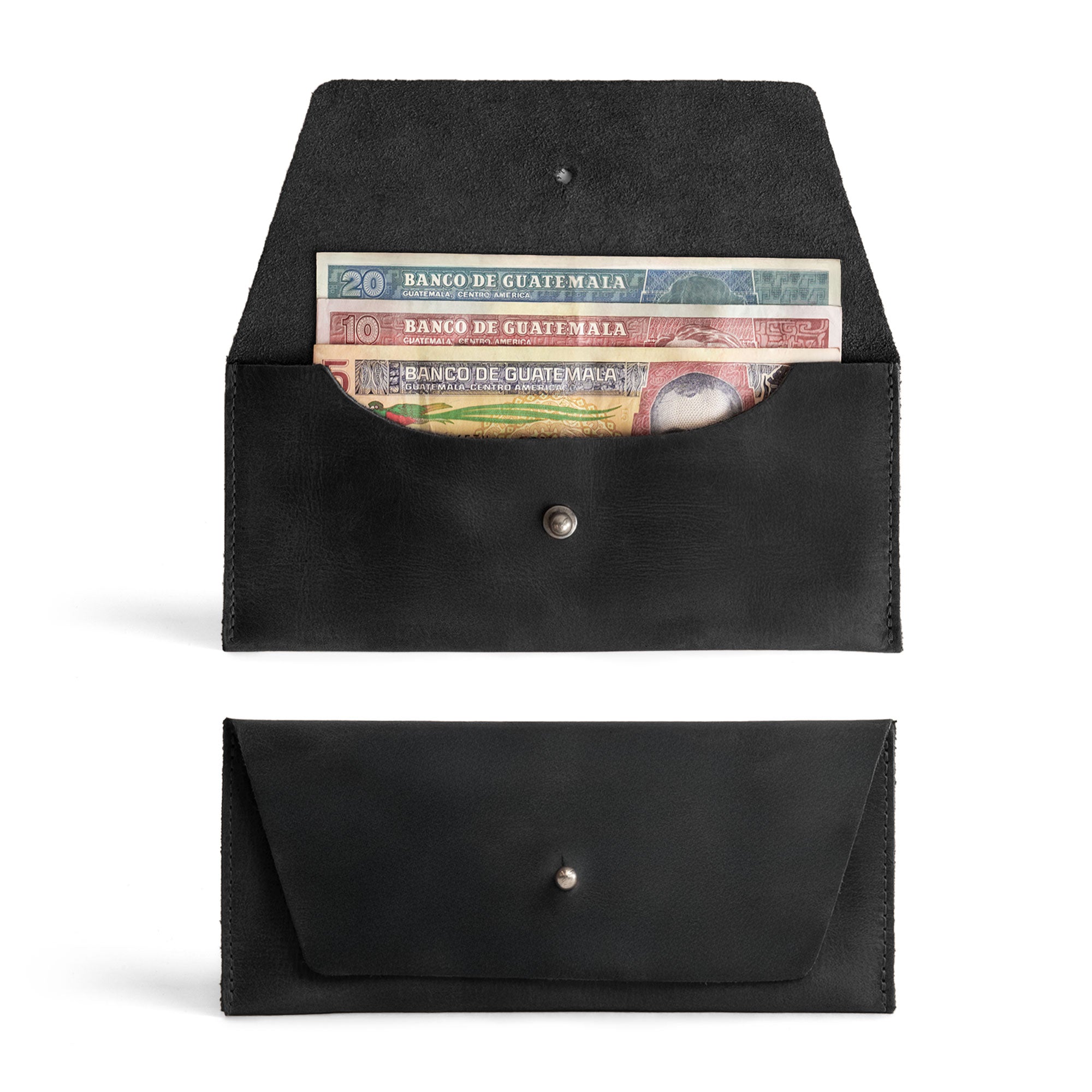 The Long Utility Pouch in black leather by Hide & Drink, showcasing its sleek design and craftsmanship. A stylish wallet perfect for storing cash and cards, handmade from full grain leather.