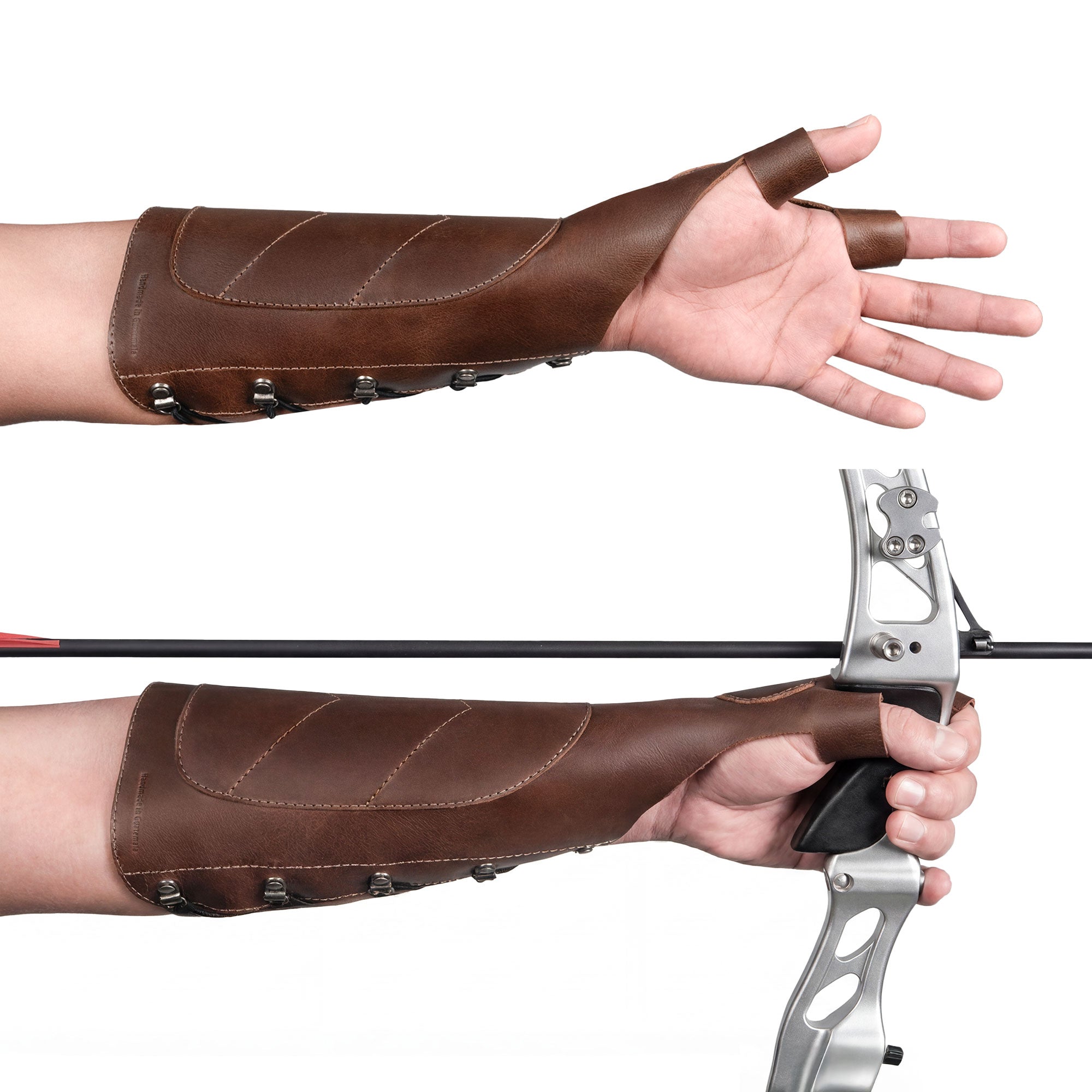 Hand model showcasing The Bowmaster, Forearm Guard for Archers by Valhalla Gear. This full grain leather archery arm guard serves as a protective bracer for archers, featuring a stylish design that enhances shooting comfort. Perfect for both men and women, it's ideal protective gear for archery practice, made with small batch production techniques, hand cut, hand sewn, and fire branded, showing artisan craftsmanship from La Antigua Guatemala.