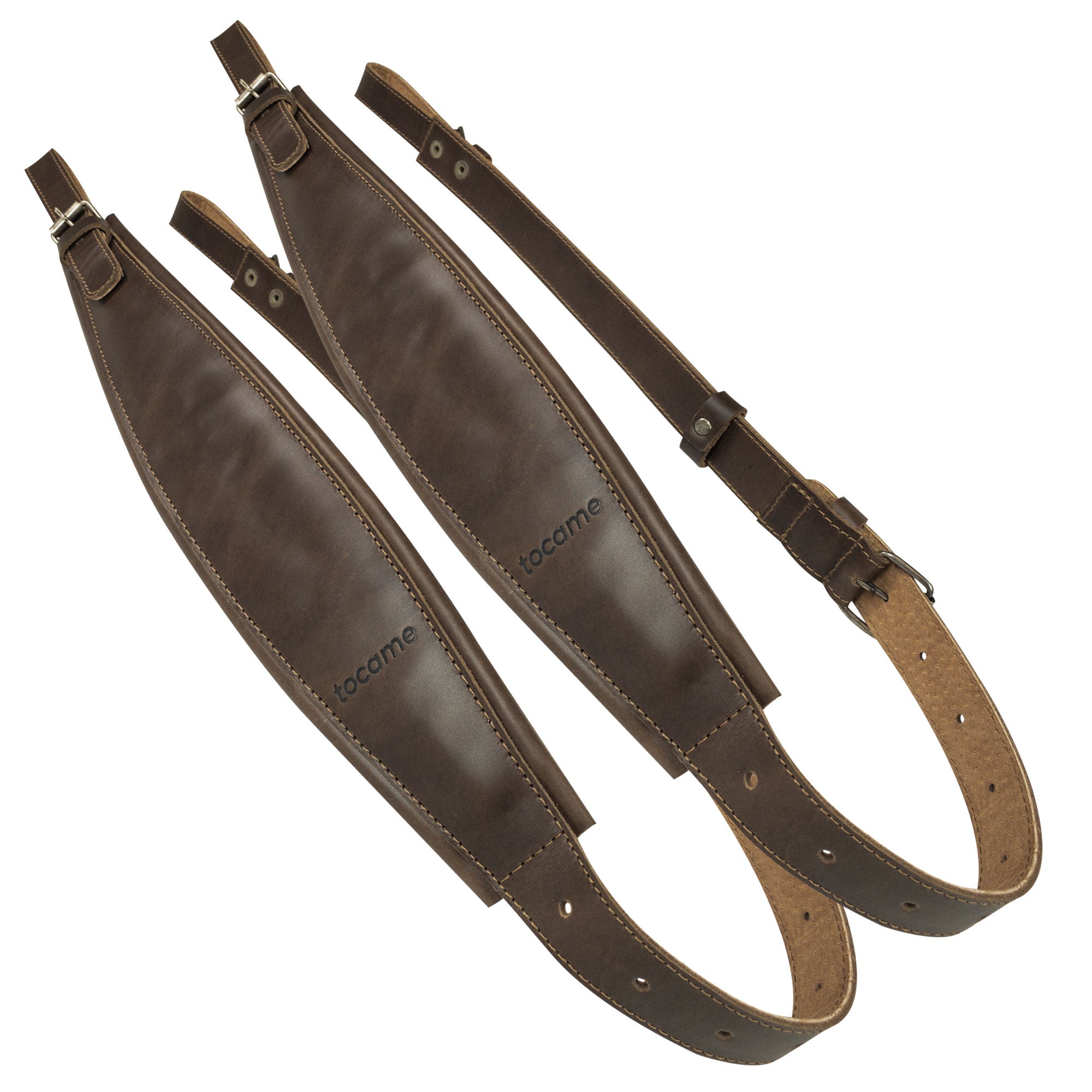 A pair of Set of 2 Adjustable Padded Straps for Accordion by tocame, showcasing rich full grain leather with shoulder support for musicians. Ideal for instrument enthusiasts looking for high-quality accessories. StockyardX, Small Batch Production, Hand Cut, Hand Sewn, Fire Branded, Artisan, Handmade in La Antigua Guatemala & Oaxaca Mexico.
