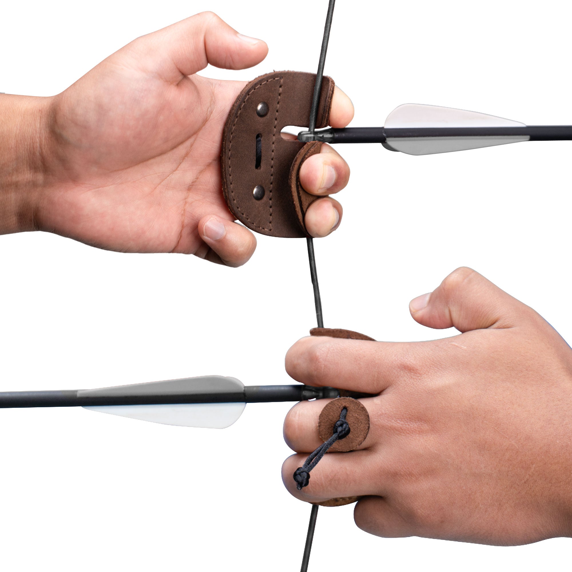 Hide & Drink Left Handed Archery Finger Protector showcased in use, illustrating the perfect fit for left-handed archers. This Archery Finger Tab, designed for Protect Guard for Recurve Bows, ensures protection during shooting practice. Made of Full Grain Leather, it's an artisan-made, small batch production item from StockyardX, ideal for sports and outdoors enthusiasts.