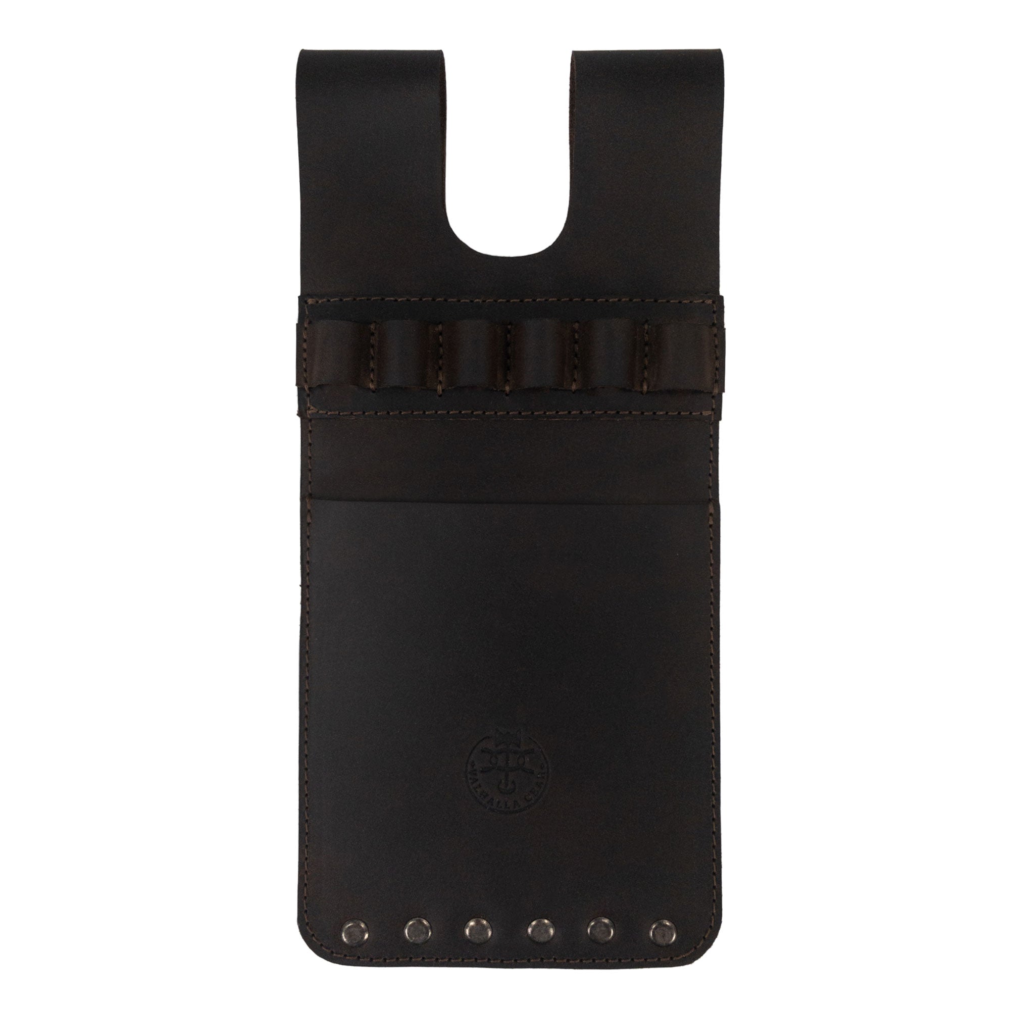 The 6 Arrow Back Quiver for Pocket by Valhalla Gear, crafted from Full Grain Leather. This artisan quiver is designed for easy carry, featuring a sleek pocket style that showcases small batch production, being both hand cut and hand sewn. Fire branded with the Valhalla logo, it's a perfect choice for archery enthusiasts seeking durable and stylish accessories.