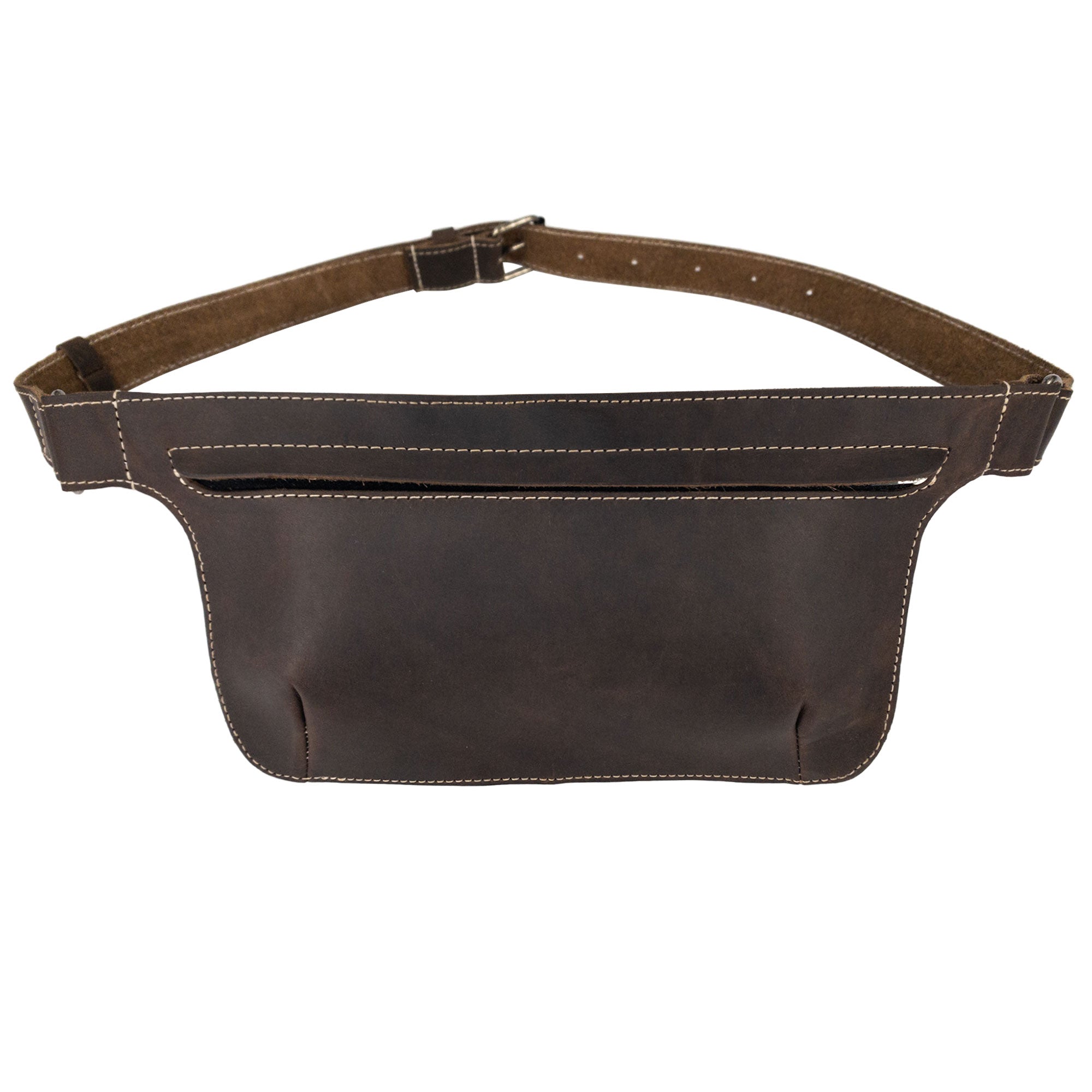 Slim Fanny Pack by Hide & Drink in a practical use scenario, showcasing its spacious interior designed to hold everyday items. This artisan-crafted fanny pack is made of full grain leather, reflecting high-quality standards.