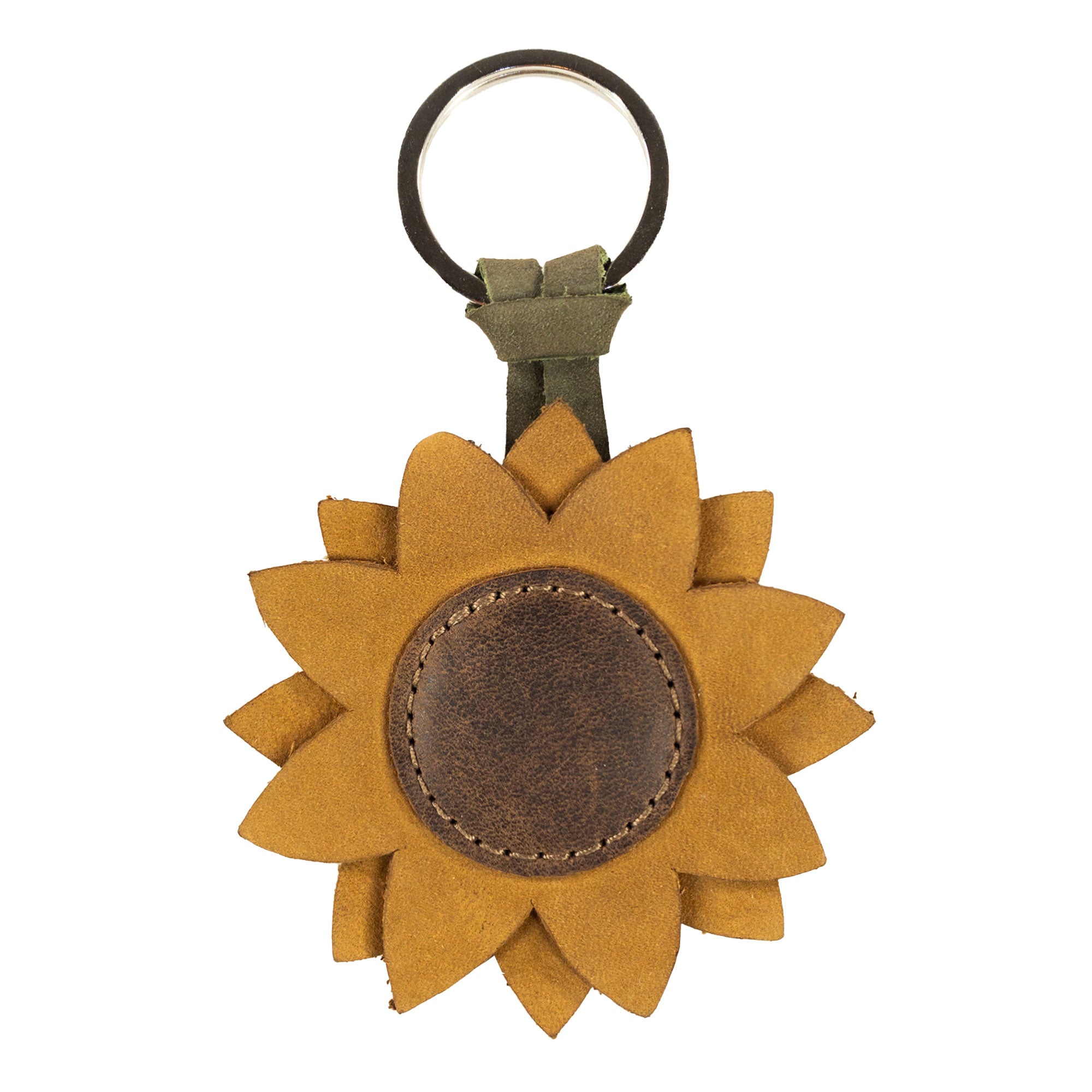 Stylish Sunflower Keychain by Hide & Drink showcasing a beautiful sunflower design in full grain leather, perfect for easy attachment to keys, hand cut, and handmade in La Antigua Guatemala.