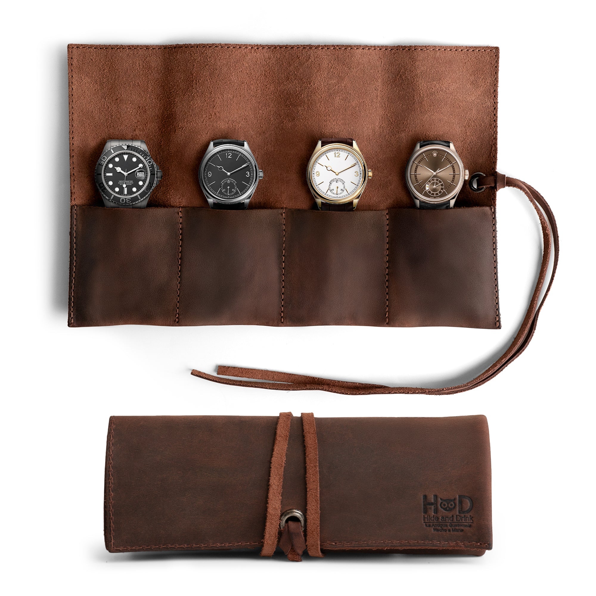 Handmade Watch Roll from Hide & Drink, this Watch Roll Organizer holds up to 4 watches and features easy carry design for watch lovers. Made of full grain leather, it's a small batch production, hand cut and sewn, fire branded artisan product, proudly handmade in La Antigua Guatemala & Oaxaca Mexico.
