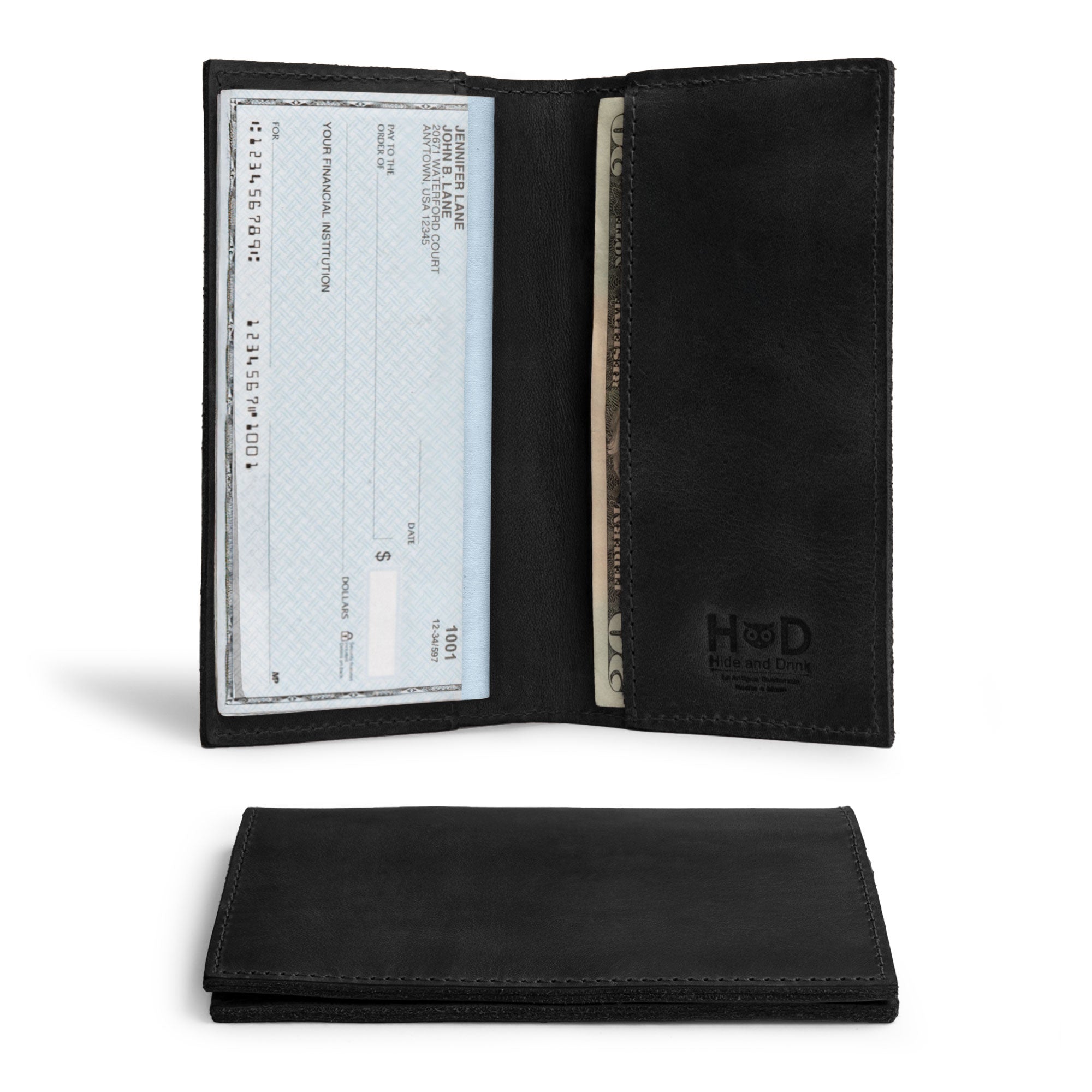 Checkbook Leather Cover by Hide & Drink presented in black leather, designed as a minimalist organizer for standard checkbooks. This handmade item, crafted from full grain leather, reflects artisan skills from La Antigua Guatemala and Oaxaca Mexico, using small batch production techniques.