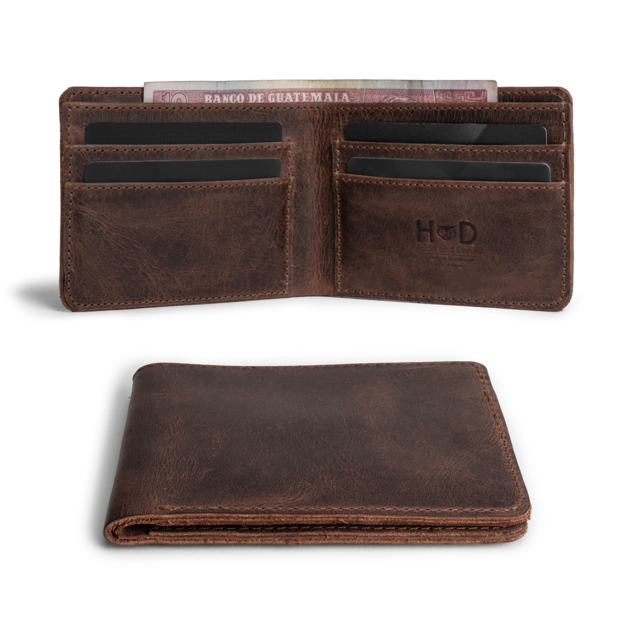 Hide & Drink's Bifold Wallet showing the front design, made of durable full grain leather, this Slim Bifold Wallet serves as a classic billfold for your pocket or bag to store money, cards, and cash. A perfect travel accessory, handcrafted in La Antigua Guatemala & Oaxaca Mexico.
