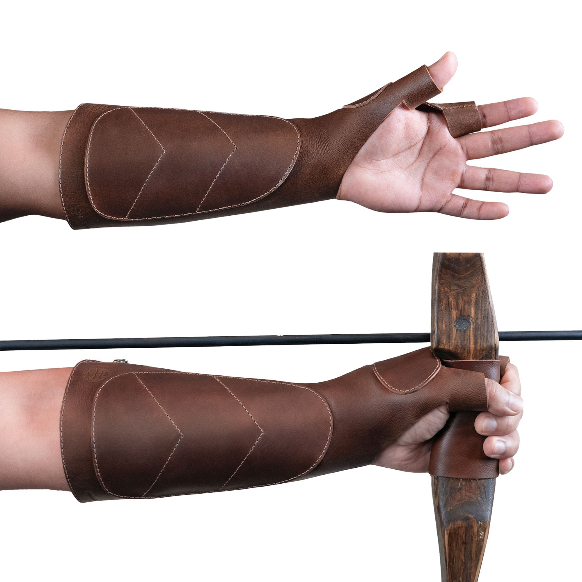 Hand model showcasing The Bowmaster, Forearm Guard for Archers by Valhalla Gear. This full grain leather archery arm guard serves as a protective bracer for archers, featuring a stylish design that enhances shooting comfort. Perfect for both men and women, it's ideal protective gear for archery practice, made with small batch production techniques, hand cut, hand sewn, and fire branded, showing artisan craftsmanship from La Antigua Guatemala.