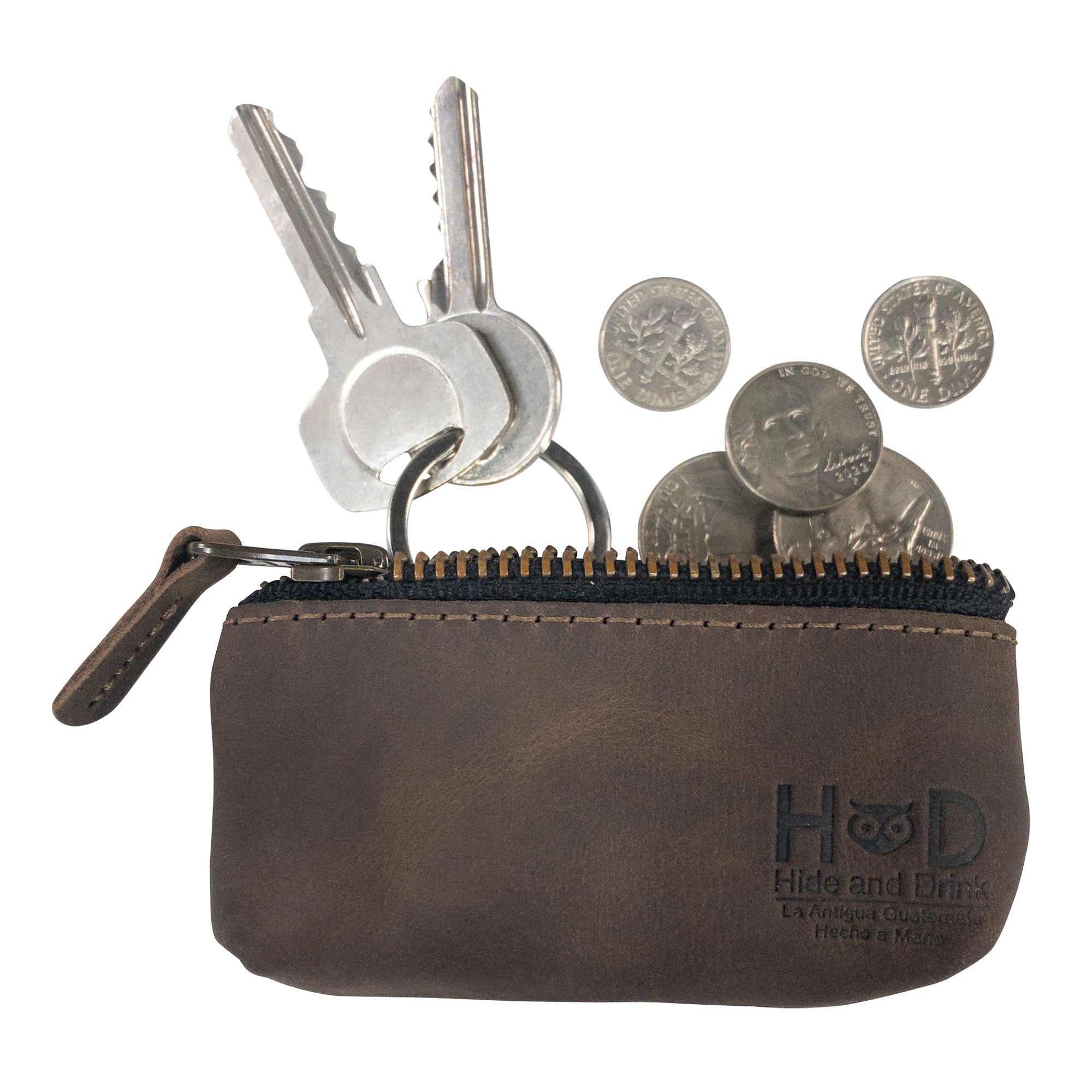 Hide & Drink Key Holder Zippered Pouch showcasing keys, coins, and full grain leather craftsmanship. A versatile zippered coin bag and money purse. Handmade in La Antigua Guatemala & Oaxaca Mexico.