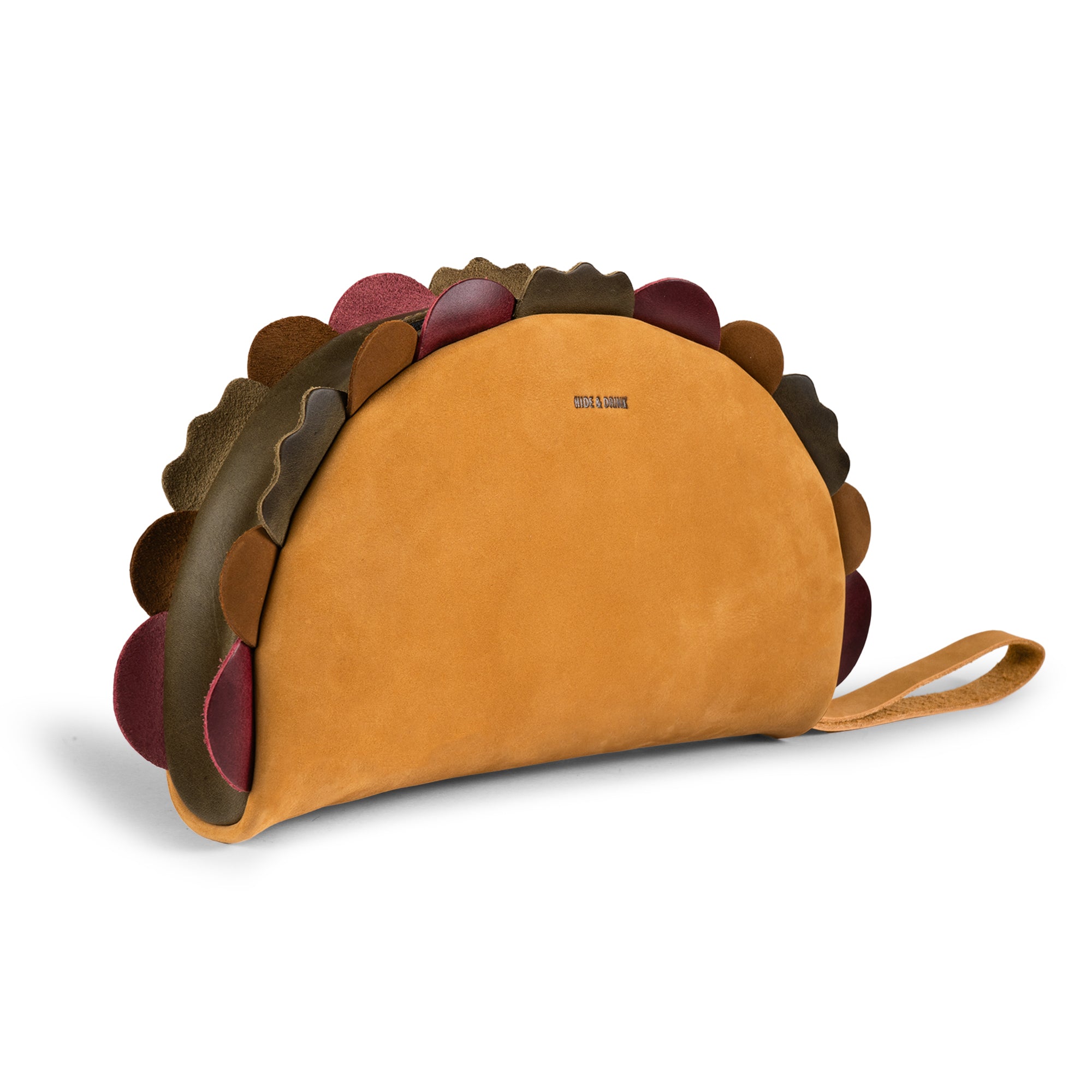 Taco Clutch Bag by Hide & Drink, a Taco Clutch Bag Full Grain Leather design with colorful scalloped edges and wrist strap; StockyardX Small Batch Production, Hand Cut, Hand Sewn, Fire Branded, Artisan, Handmade in La Antigua Guatemala & Oaxaca Mexico.
