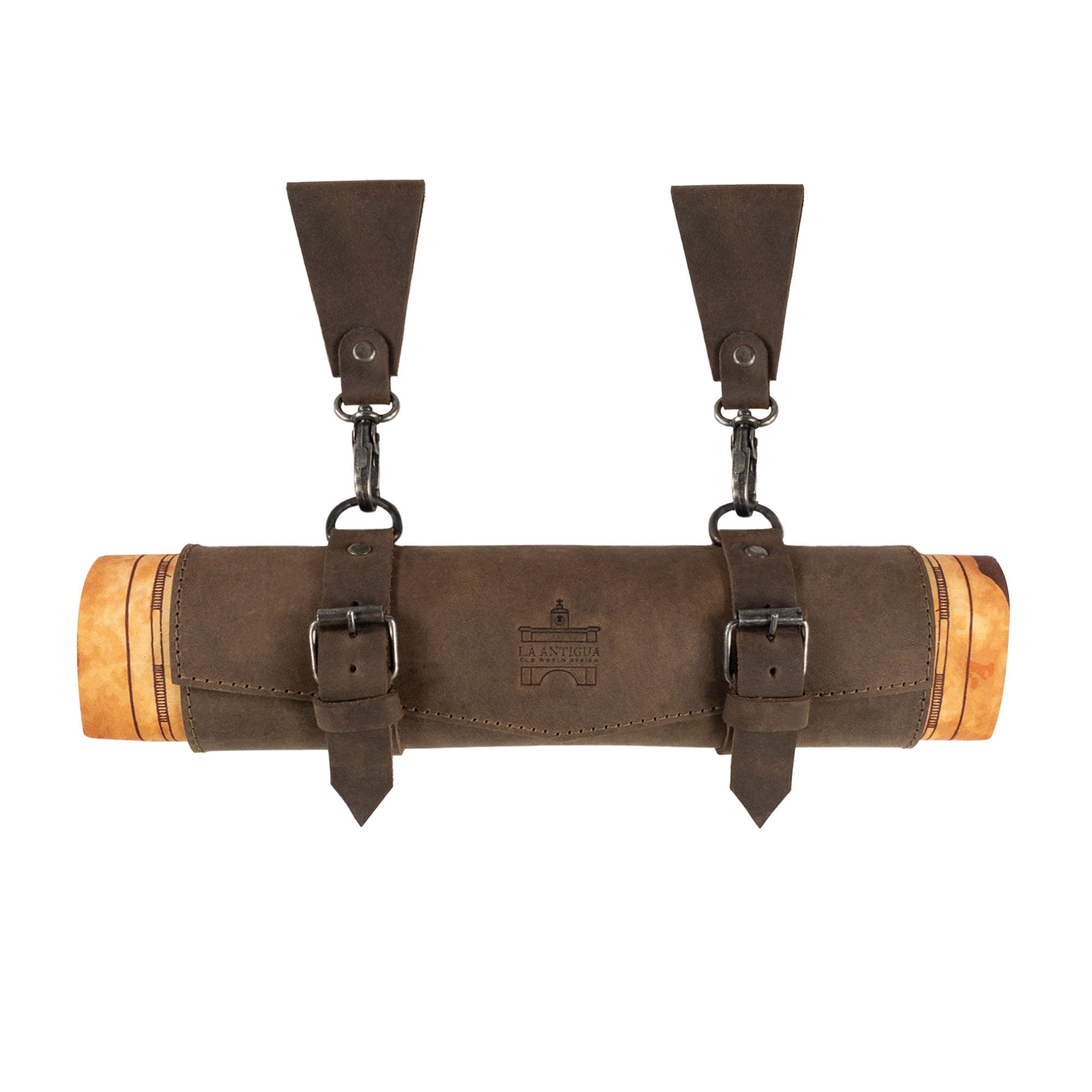 La Antigua's Map Holder for Belt features a rustic design with double belt loops, constructed from heavy-duty, full grain leather. Perfect as a multitool organizer, this artisan product showcases small batch production with hand cut and hand sewn details, fire branded to ensure quality. Handmade in La Antigua Guatemala & Oaxaca Mexico.