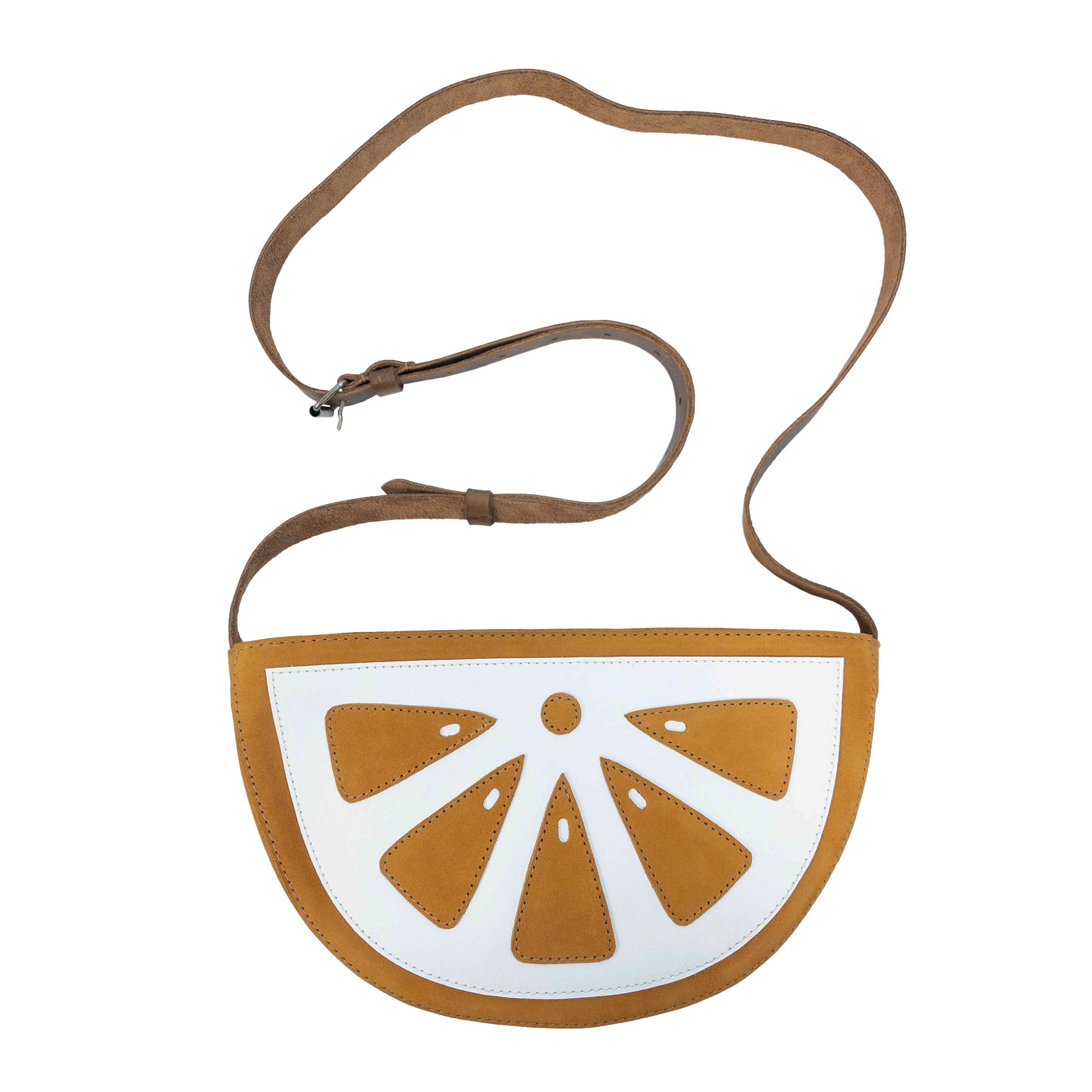 Lemon-Shaped Shoulder Bag by Tudi Frudi, showcasing a quirky design with a vibrant lemon slice motif. This Lemon-Shaped Shoulder Bag with Adjustable Strap is perfect for adding personality to any outfit. Made from Full Grain Leather, it's a stylish Messenger Bag, Vintage Purse crafted through Small Batch Production, hand cut and hand sewn, and fire branded by artisans in La Antigua Guatemala & Oaxaca Mexico.