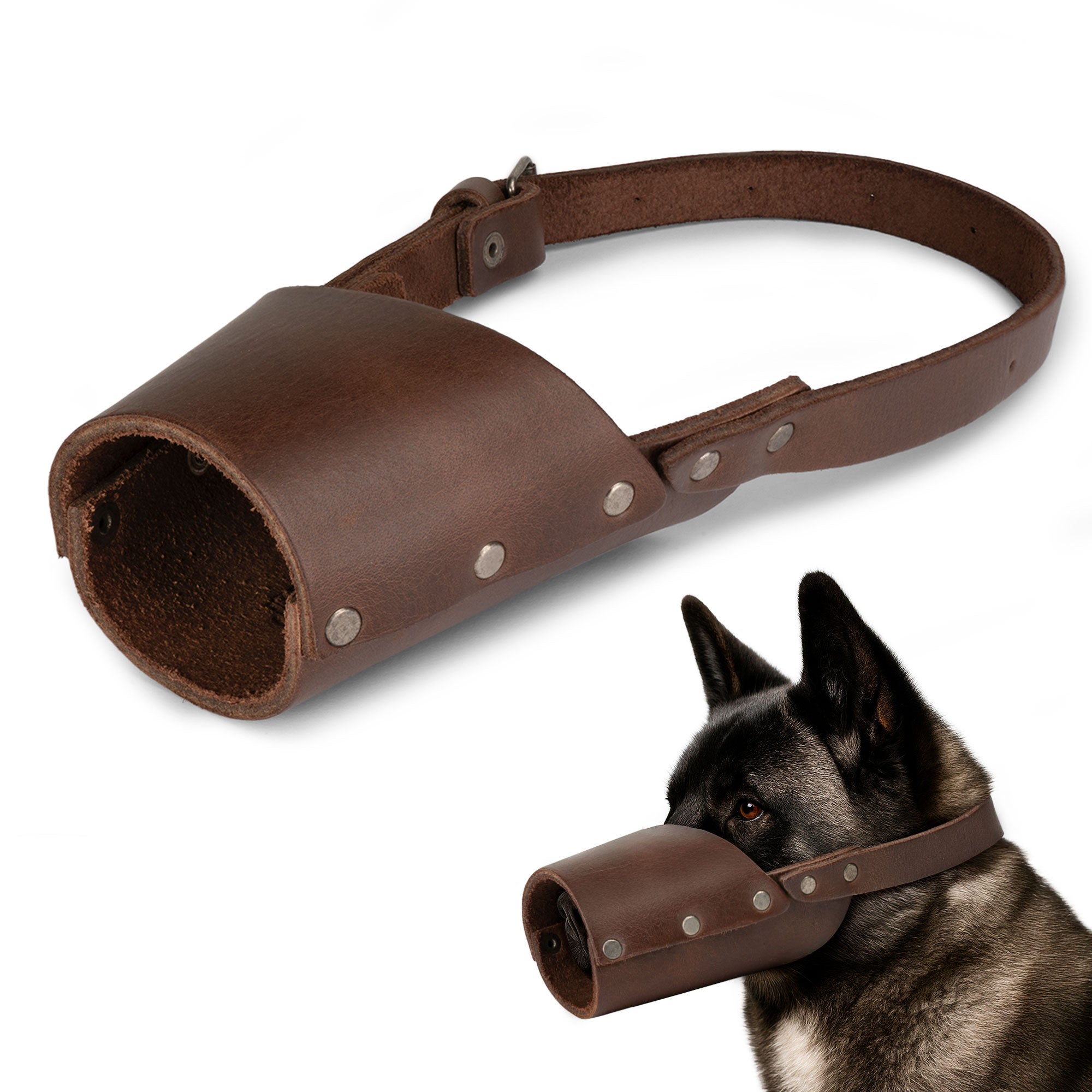 Taco Dog Dog Muzzle displayed from the side, highlighting the full grain leather craftsmanship. Ideal for training, this muzzle prevents biting and ensures comfort for your dog.