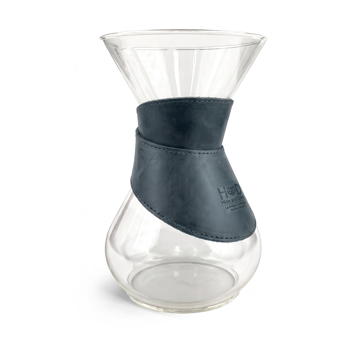 Close-up of Hide & Drink Chemex Collar crafted from navy leather, displaying quality stitching and artisan attention to detail. Perfect for pour over coffee, compatible with Chemex 6-Cup Glass, made by artisans in La Antigua Guatemala & Oaxaca Mexico.