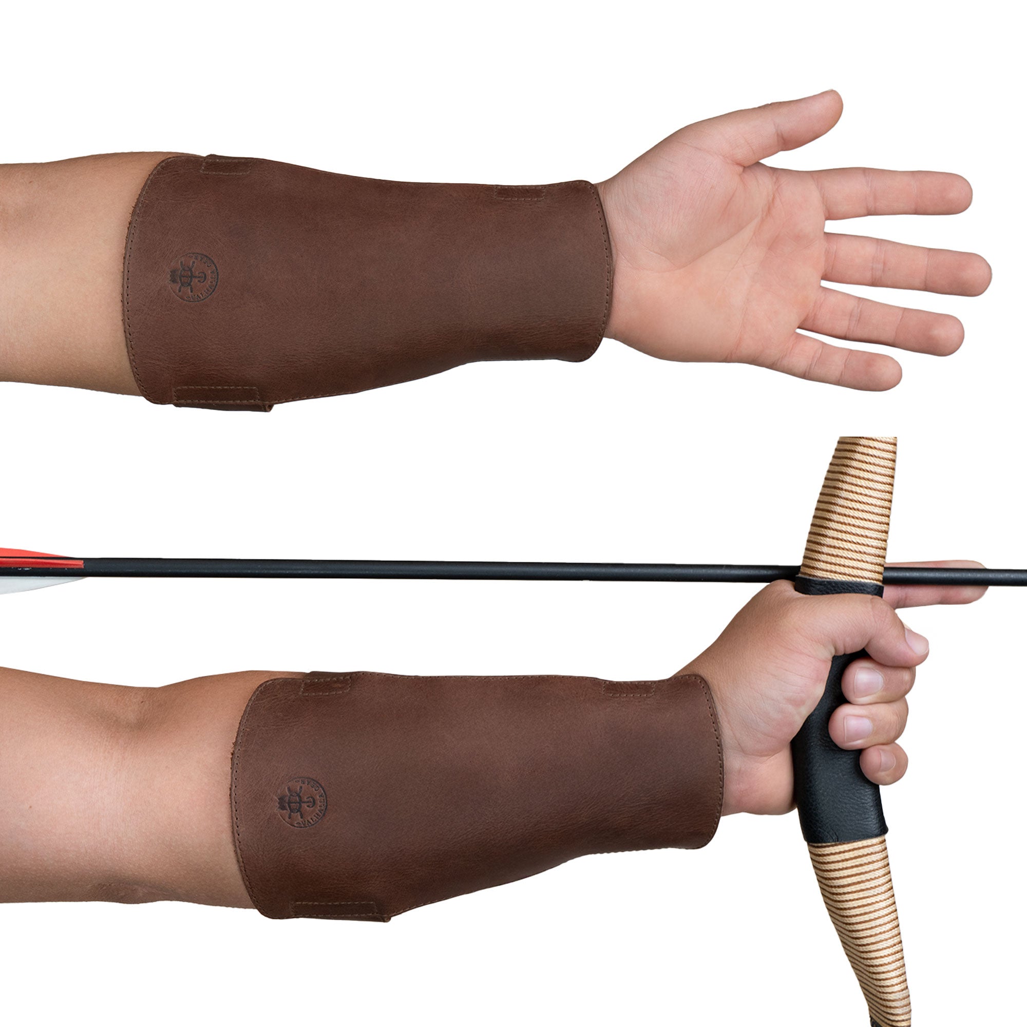 Valhalla Gear Archery Arm Guard shown on a hand gripping a bow, made from durable full grain leather. This forearm protector is perfect for shooting practice, LARPing, and is designed with adjustable straps. A must-have for every archer, showcasing artisan craftsmanship with hand cut and hand sewn details, made in La Antigua Guatemala.