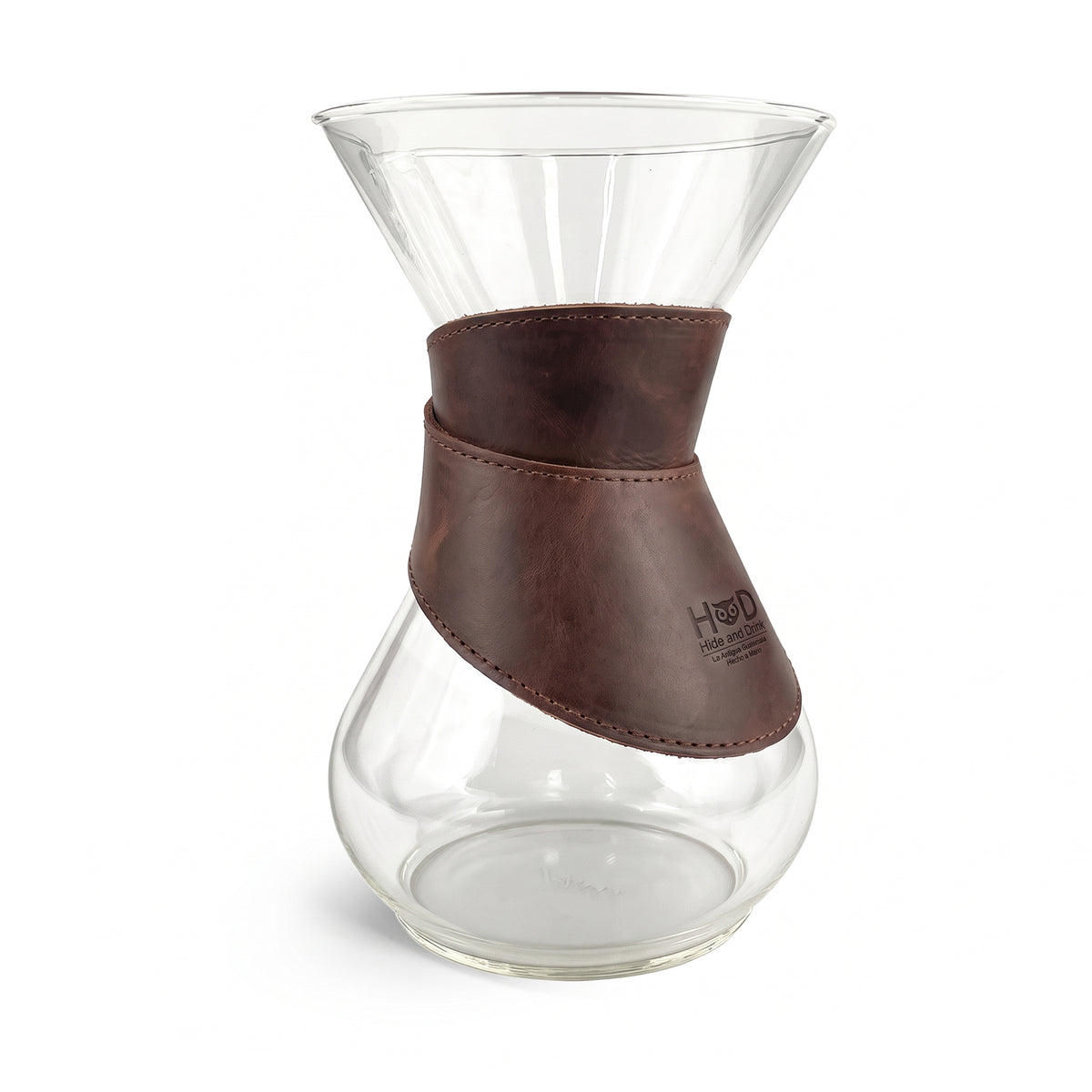 Hide & Drink Chemex Collar showcasing a durable Full Grain Leather design, perfect as a pour over collar compatible with Chemex 6-Cup Glass. Artisan-crafted in La Antigua Guatemala & Oaxaca Mexico, with stockyardX small batch production.