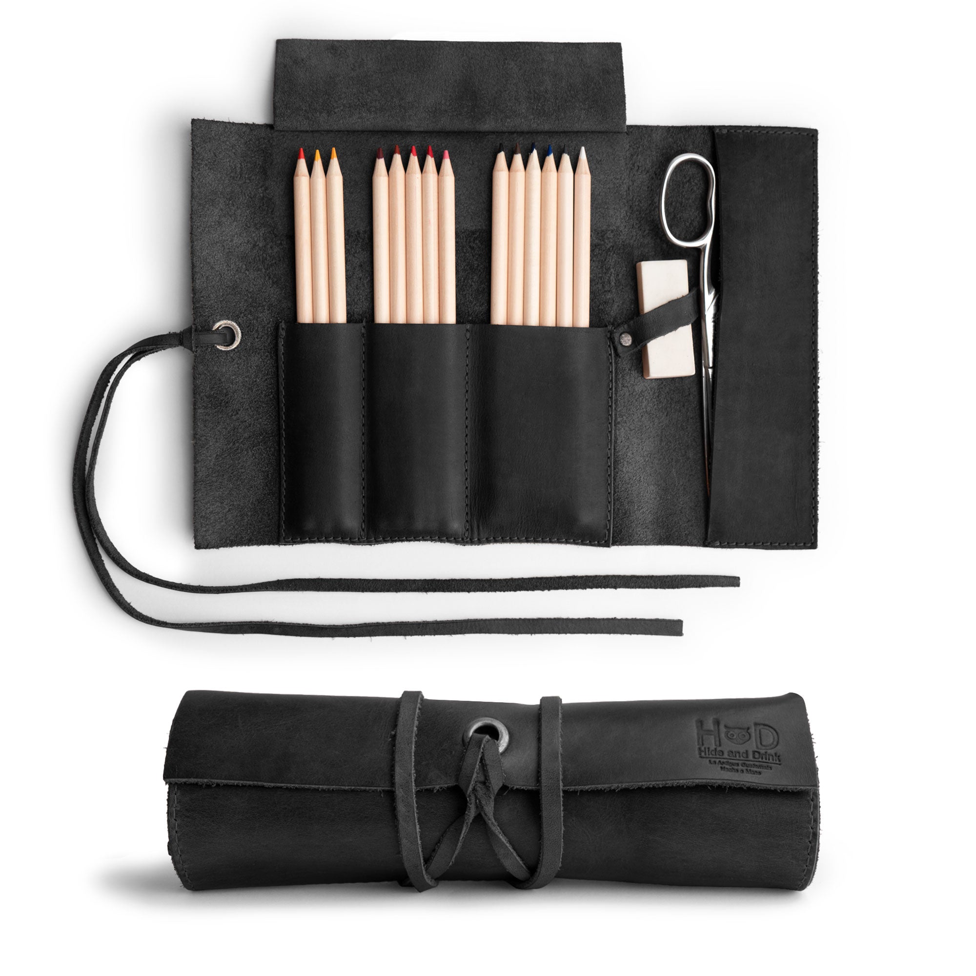 Showcasing the Multi Purpose Pencil Roll by Hide & Drink, this stylish pencil roll pouch features full grain leather. Perfect for organizing work essentials or craft tools, it serves as a multi-purpose storage wrap for scissors and earphones, hand cut and sewn with artisan care in La Antigua Guatemala & Oaxaca Mexico.
