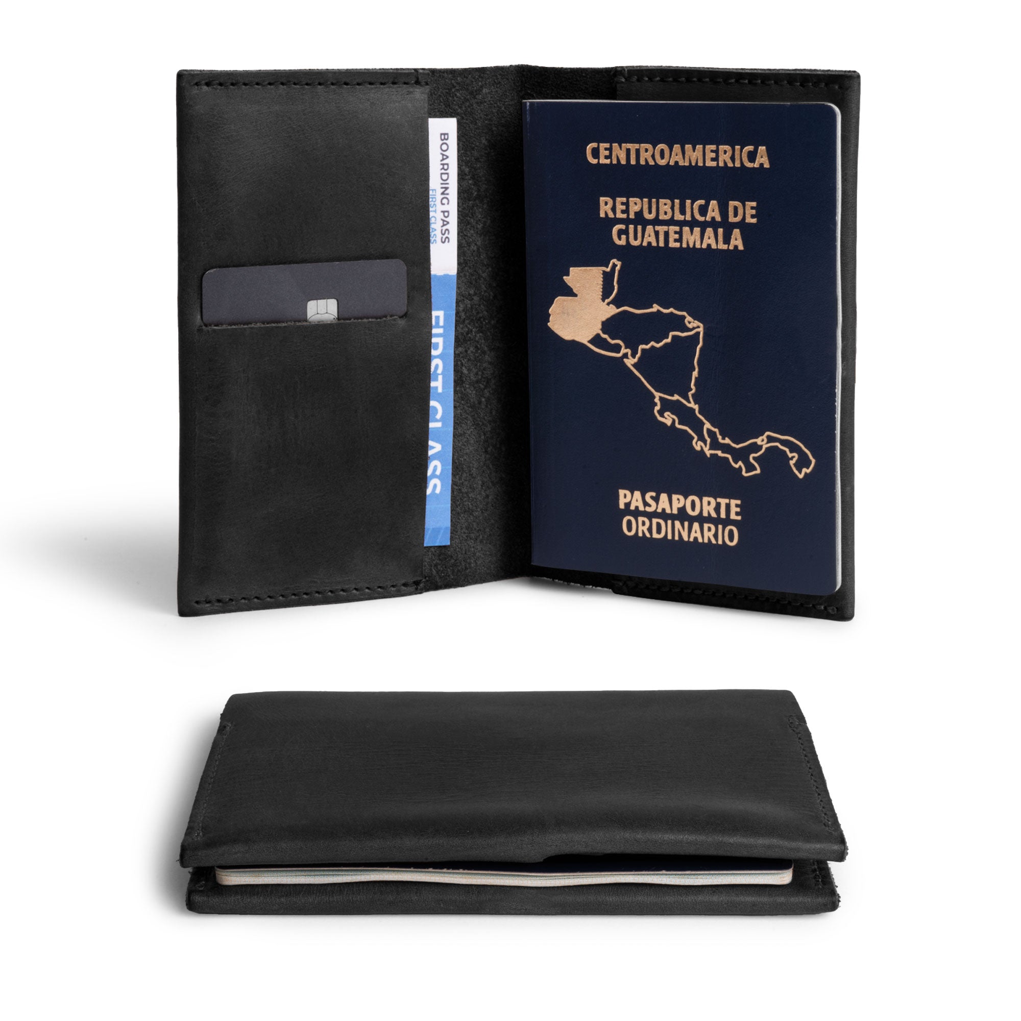 Open Passport Case With Card Holder by Hide & Drink in sleek black leather, accommodating a passport and credit cards. A perfect mix of practicality and style, this travel accessory is made from full grain leather and reflects artisan craftsmanship, with small batch production completed in La Antigua Guatemala & Oaxaca Mexico.