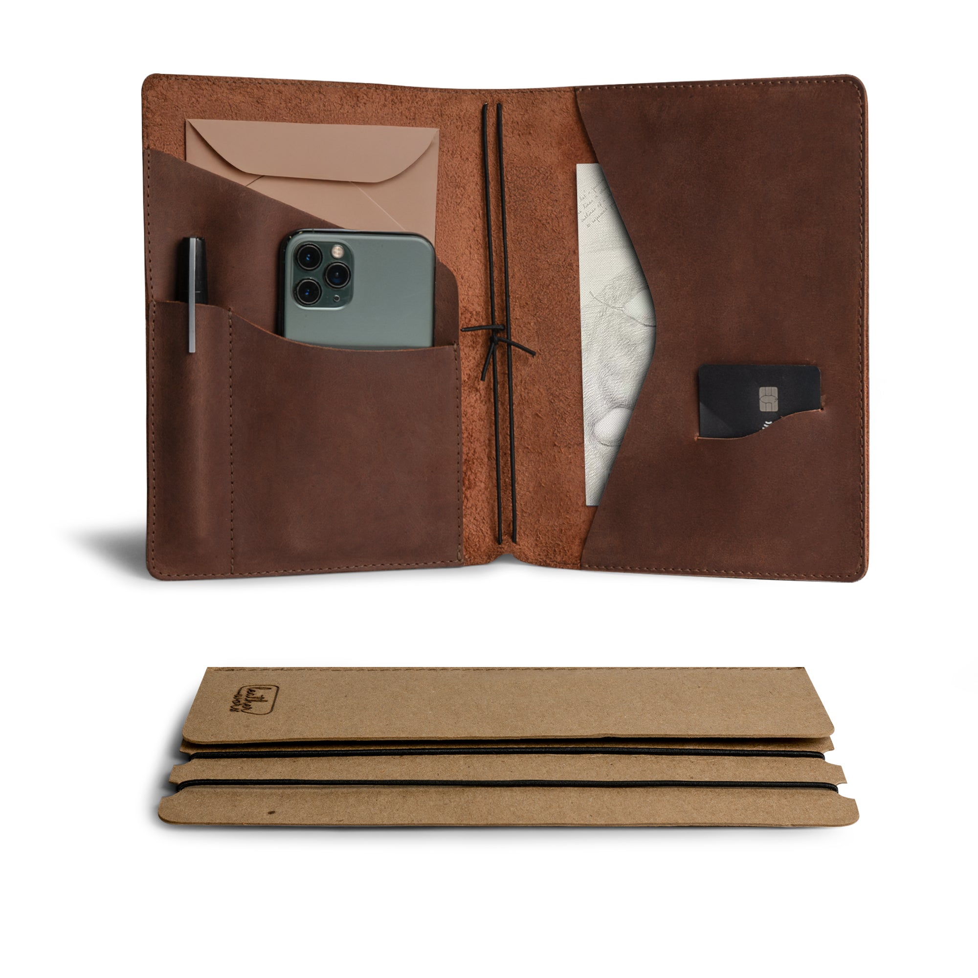 Rustic Cover for A5 Notebooks (5.75 x 8.25 in.) by Leather Worx, featuring a refillable design with cellphone, pen, and card slots. Made from full grain leather in small batch production, hand cut and hand sewn, showcasing artisan craftsmanship from La Antigua Guatemala & Oaxaca Mexico.