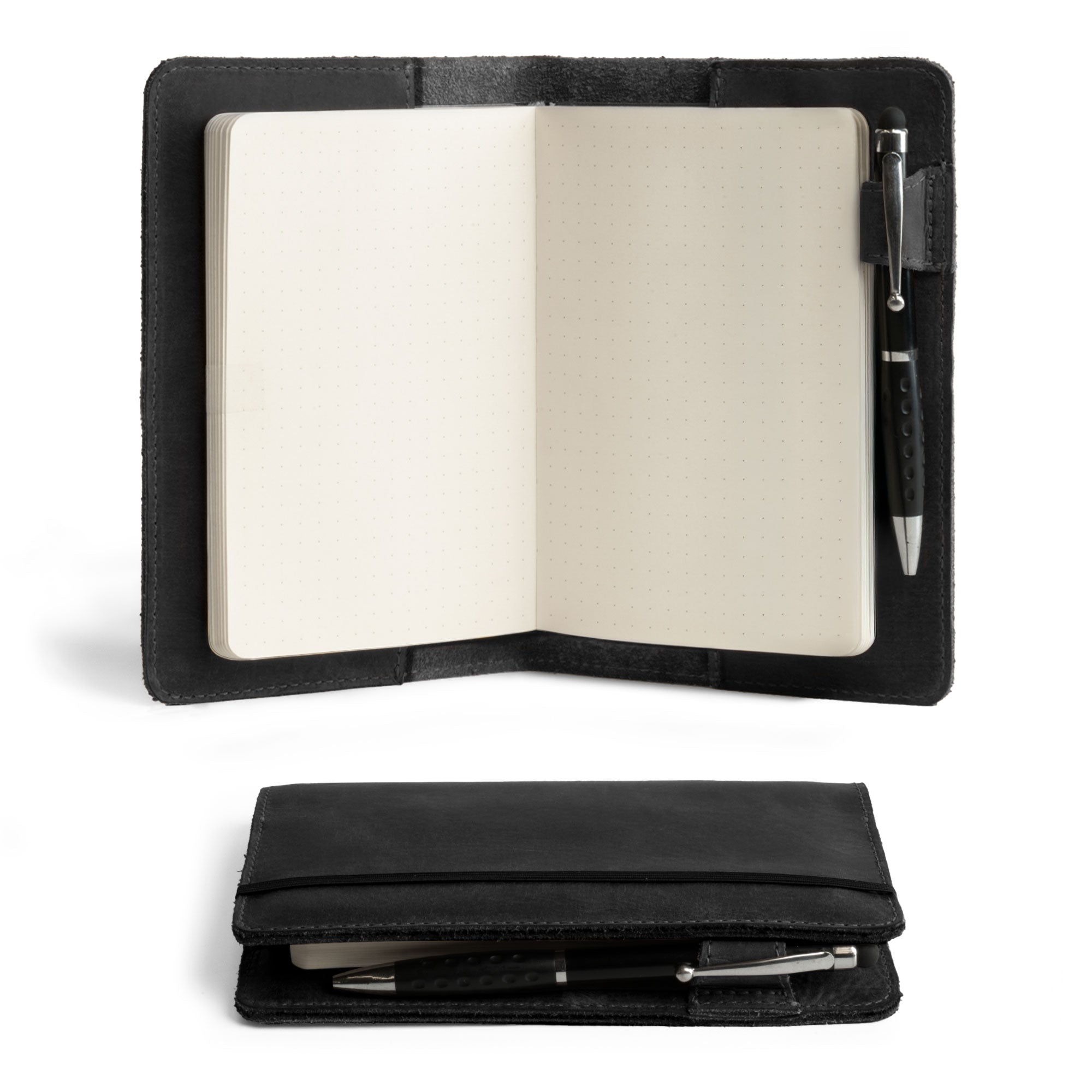 Leuchtturm A6 Hardcover Case in black by Hide & Drink, displaying the interior with a pen and notepad. This leather piece works seamlessly as a Leather A6 Notebook Cover for Leuchtturm 3.6 x 5.9 in, serving as a refillable mini planner case and travel journal cover for men; compatible with Moleskine & Hobonichi, plus functions as a travelers pocket portfolio binder.