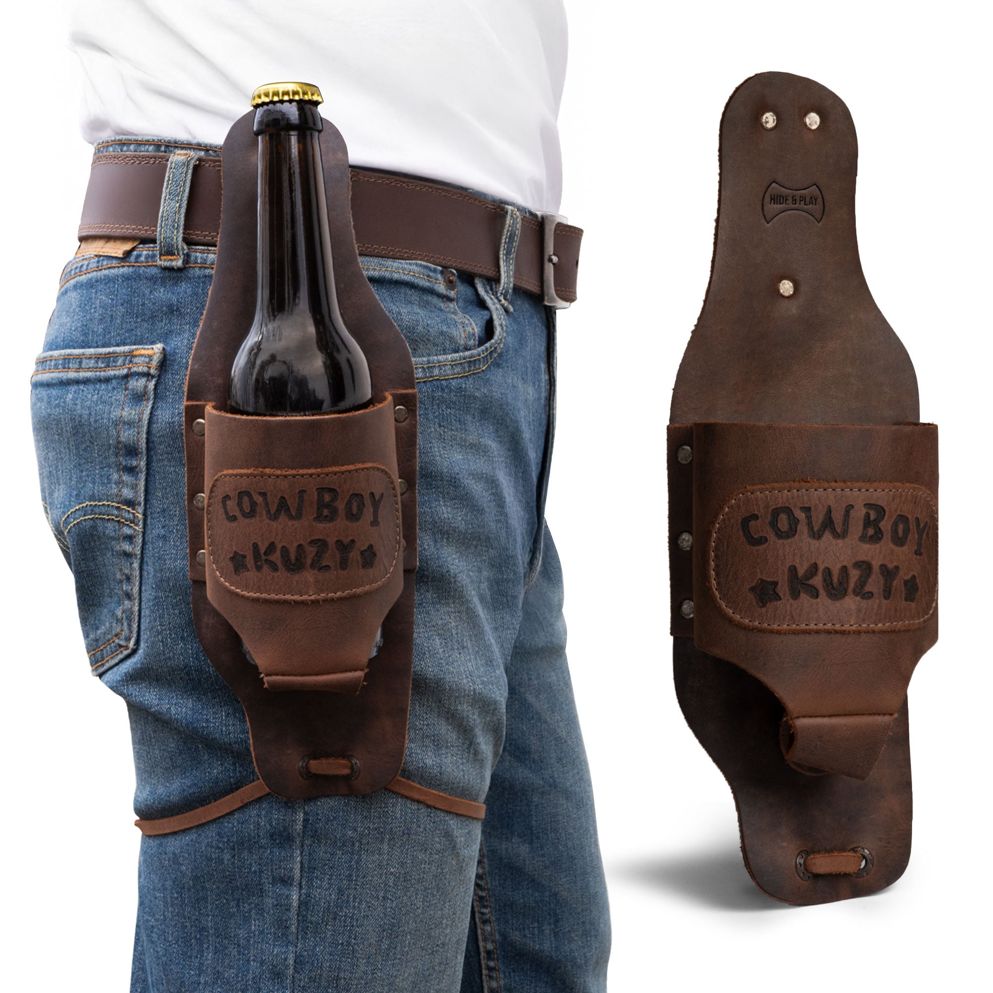 Cowboy Beer Holster from Hide & Play showcased on denim shorts with a cold beverage, designed for hands-free use at parties. This Cowboy Beer Holster - Handsfree Beverage Holder, Bottle Leg Grip, Old School, Men's Party Gift Gear, Full Grain Leather, StockyardX, Small Batch Production, Hand Cut, Hand Sewn, Fire Branded, Artisan, Handmade in La Antigua Guatemala & Oaxaca Mexico.