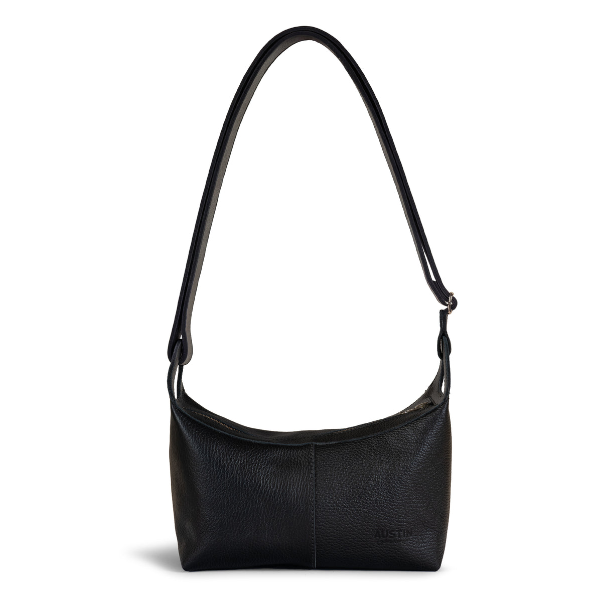 Austin Genuine The Mueller Hobo Shoulder Bag in black Full Grain Leather, featuring a relaxed shoulder strap and artisan construction from StockyardX with Small Batch Production, Hand Cut, Hand Sewn, Fire Branded details, and Handmade in La Antigua Guatemala & Oaxaca Mexico.