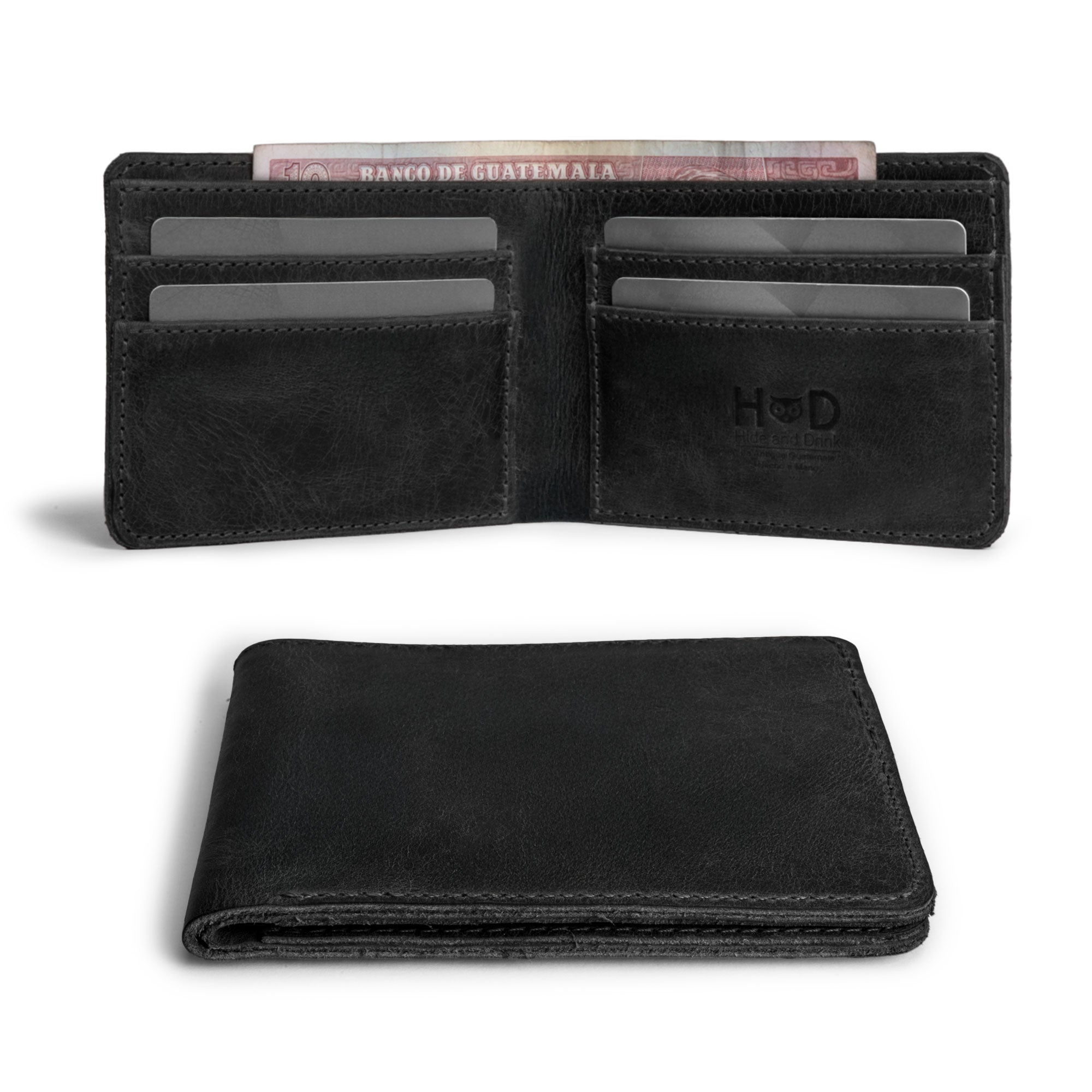 Hide & Drink's black Bifold Wallet showcasing its sleek exterior. This Slim Bifold Wallet serves as a classic billfold for storing money and cards, making it an ideal travel accessory made from premium full grain leather, artisan handmade in La Antigua Guatemala & Oaxaca Mexico.