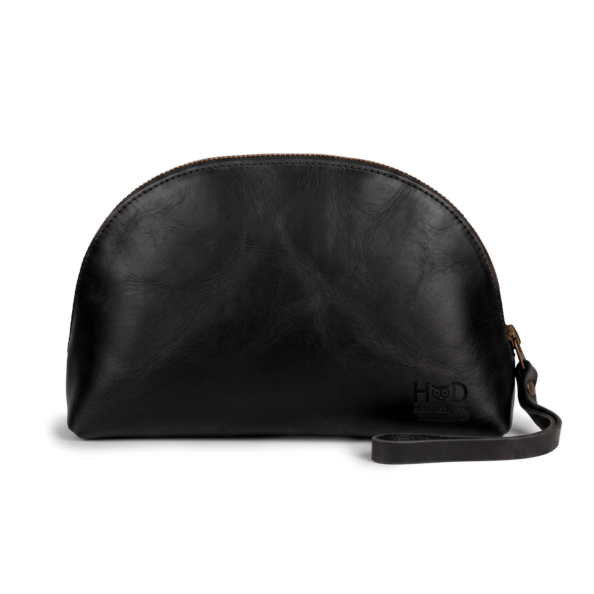 Front view of the Accessory Pouch Organizer Hand Bag from Hide & Drink, made from high-quality black leather. Perfect as a Cosmetic Travel Organizer with Hand Strap for Women, it serves as a stylish Makeup Bag or Classic Handbag, demonstrating small batch production in La Antigua Guatemala & Oaxaca Mexico.
