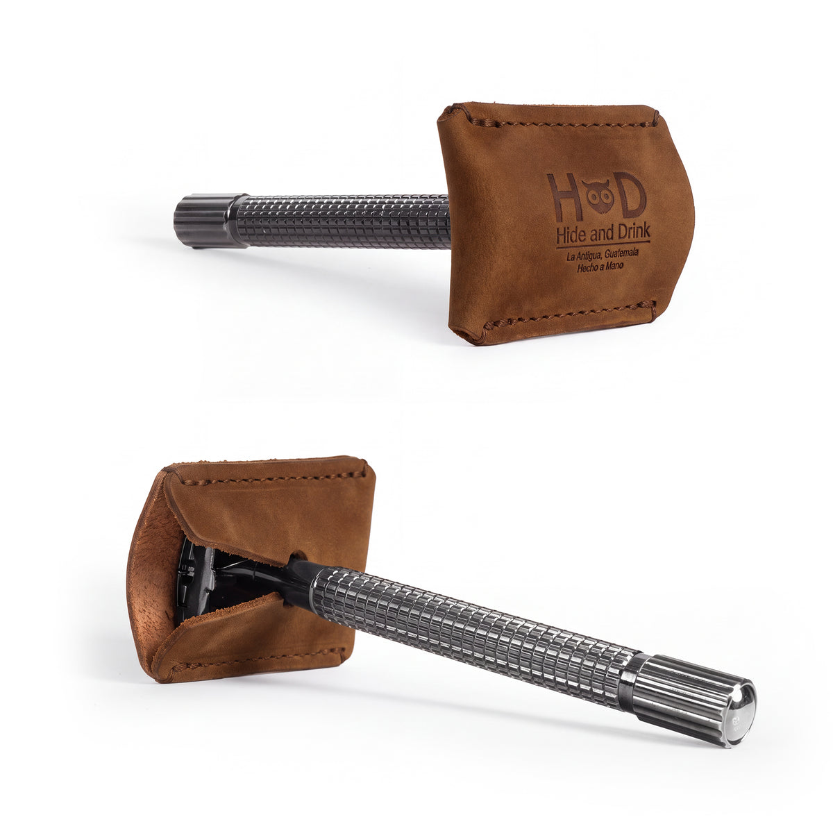 Razor Head Cover by Hide & Drink, showcasing the artisan logo on a beautifully crafted Full Grain Leather surface. This shaving travel cover fits over double sided razors and emphasizes the small batch production, hand cut and hand sewn processes, fire branded for authenticity, handmade in La Antigua Guatemala & Oaxaca Mexico.