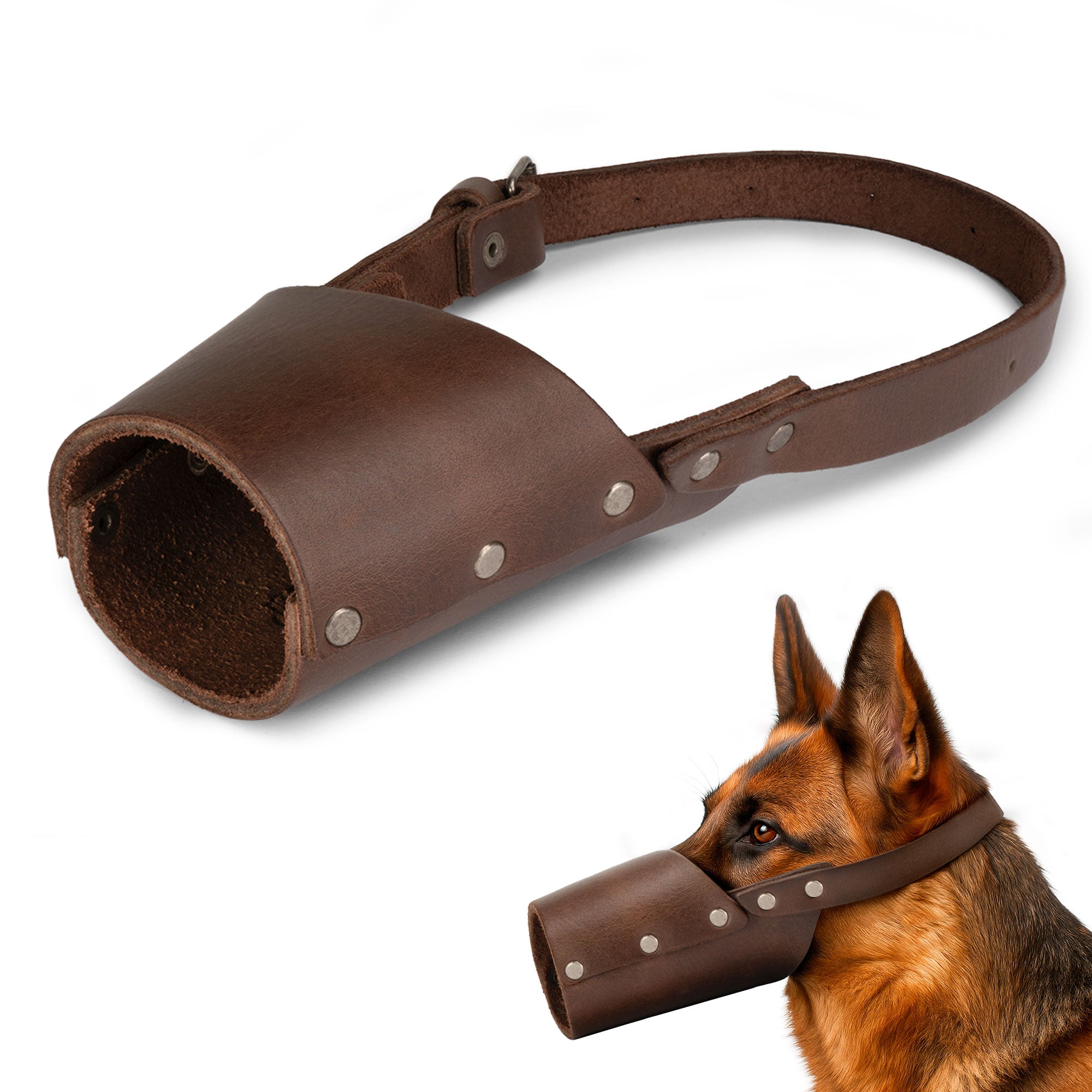 Riveted Dog Muzzle by Hide & Drink showcasing practical features for dog safety, preventing unwanted biting. This artisan-crafted muzzle guard, made from full grain leather, suits various dog breeds such as Pitbulls and German Shepherds, handmade in La Antigua Guatemala & Oaxaca Mexico.