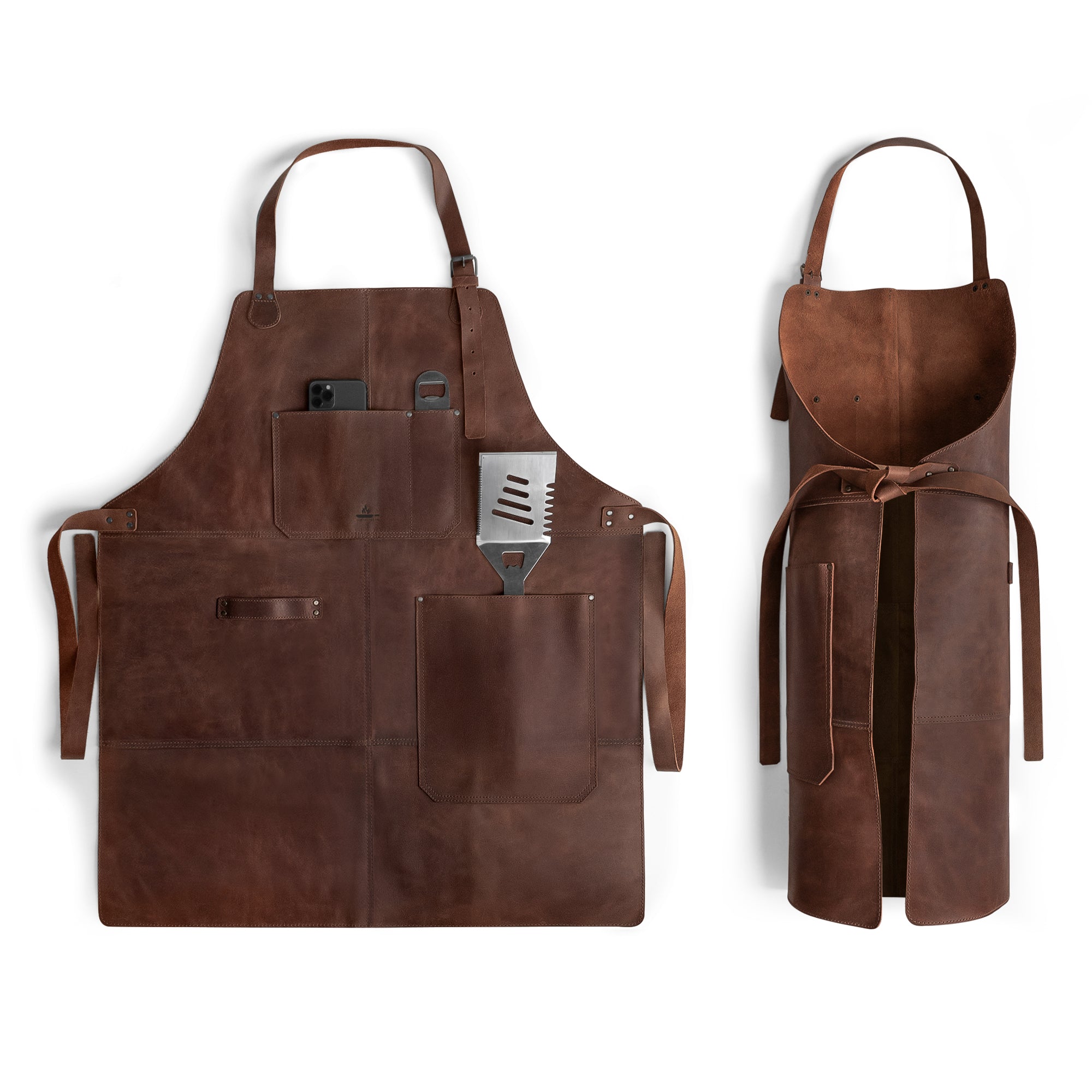 Stylish Grill Apron by Cast Leather Co., featuring multiple pockets and an adjustable neck loop, perfect as a Protective Clothing Cover for Cooking and Grilling. Made from Heat Resistant Full Grain Leather, this apron is ideal for kitchen adventures. An Artisan product, Handmade in La Antigua Guatemala & Oaxaca Mexico, it showcases Small Batch Production, Hand Cut, and Hand Sewn craftsmanship.