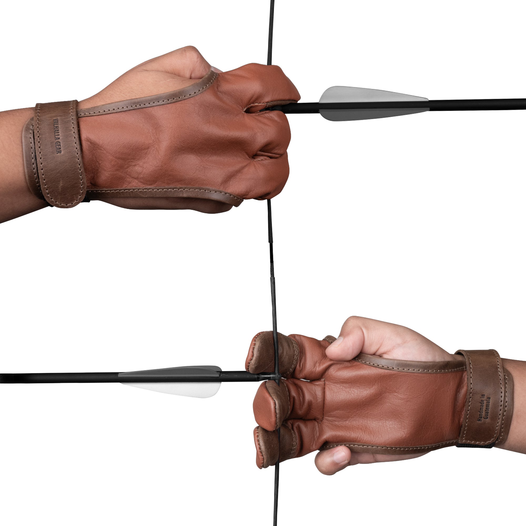 A pair of hands wearing the Valhalla Gear 3-Finger Archery Glove, showcasing its comfortable grip on an arrow. This Leather 3 Finger Archery Glove is an excellent finger tab for archers, made from full grain leather, and ideal for hunting gear for men, women, and youth. Handmade in La Antigua Guatemala & Oaxaca Mexico, it's a protective accessory for longbows and recurve bows.
