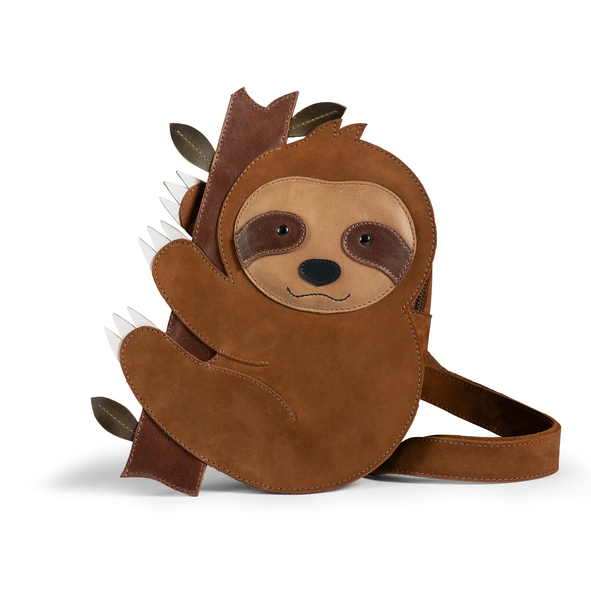 Front view of the Leather Sloth Crossbody Bag by Tudi Frudi, featuring a playful sloth design and a whimsical look. This Sloth Crossbody Bag with Adjustable Shoulder Strap is perfect for anyone looking for a unique Messenger Bag or Shoulder Bag made from Full Grain Leather, showcasing artisan craftsmanship through Small Batch Production techniques, hand cut and hand sewn by skilled artisans in La Antigua Guatemala & Oaxaca Mexico.