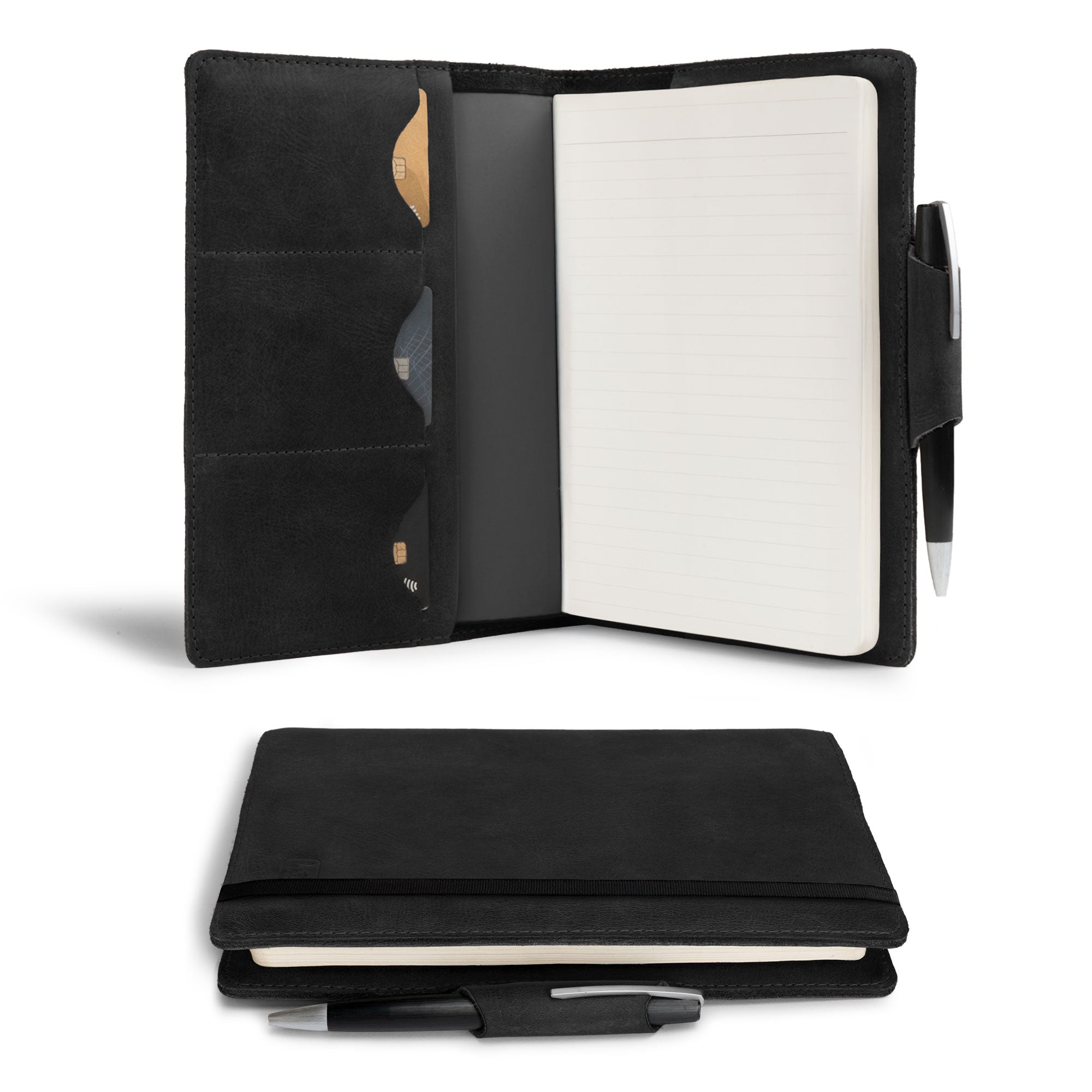 A5 Notebook Cover with Card Slots by Leather Worx, presented in a sleek black design with functional card slots. This rustic cover for Leuchtturm A5 Notebook with Card Slots (Notebook Not Included) enhances a minimalist style with premium full grain leather. StockyardX, small batch production, hand cut, hand sewn, fire branded, and artisan-made in La Antigua Guatemala.