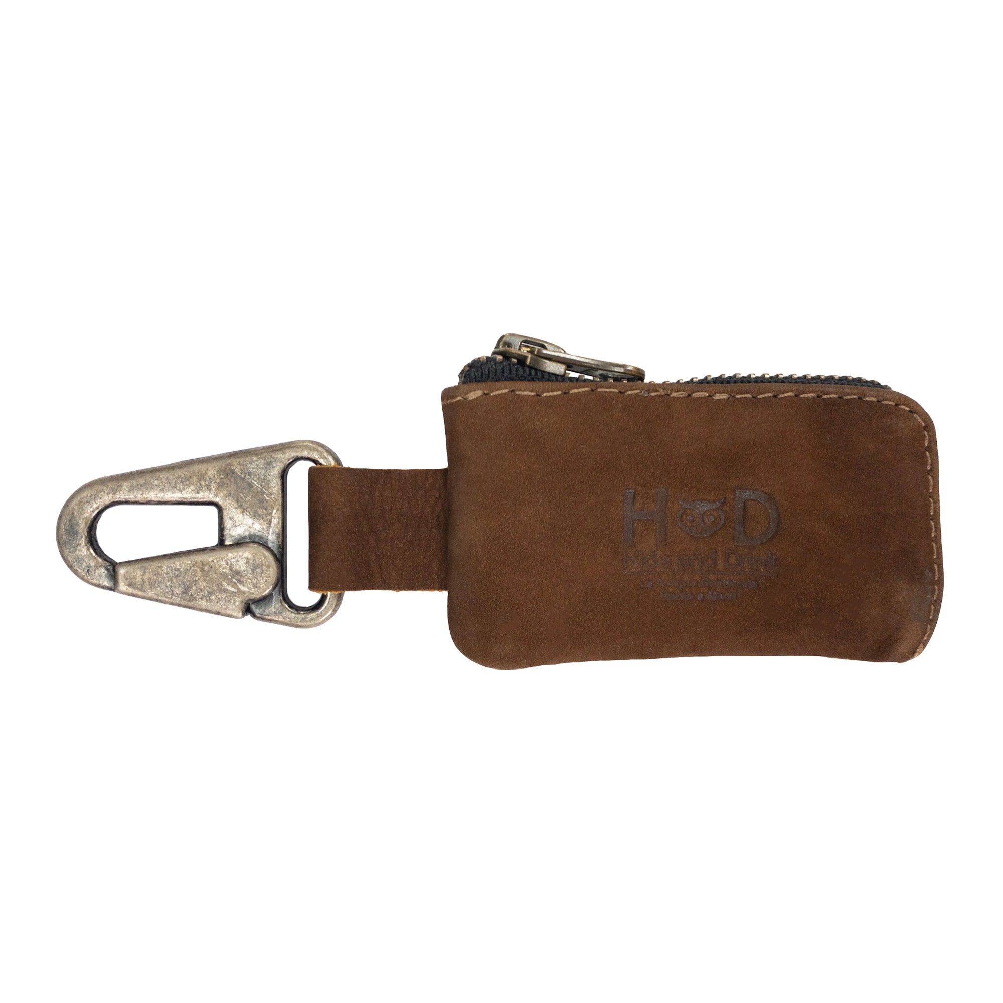 Hide & Drink Car Key Holder in a close-up view, showcasing its durable construction with a nickel metal clasp, designed for keeping car keys and cash organized, handmade in La Antigua Guatemala & Oaxaca Mexico.